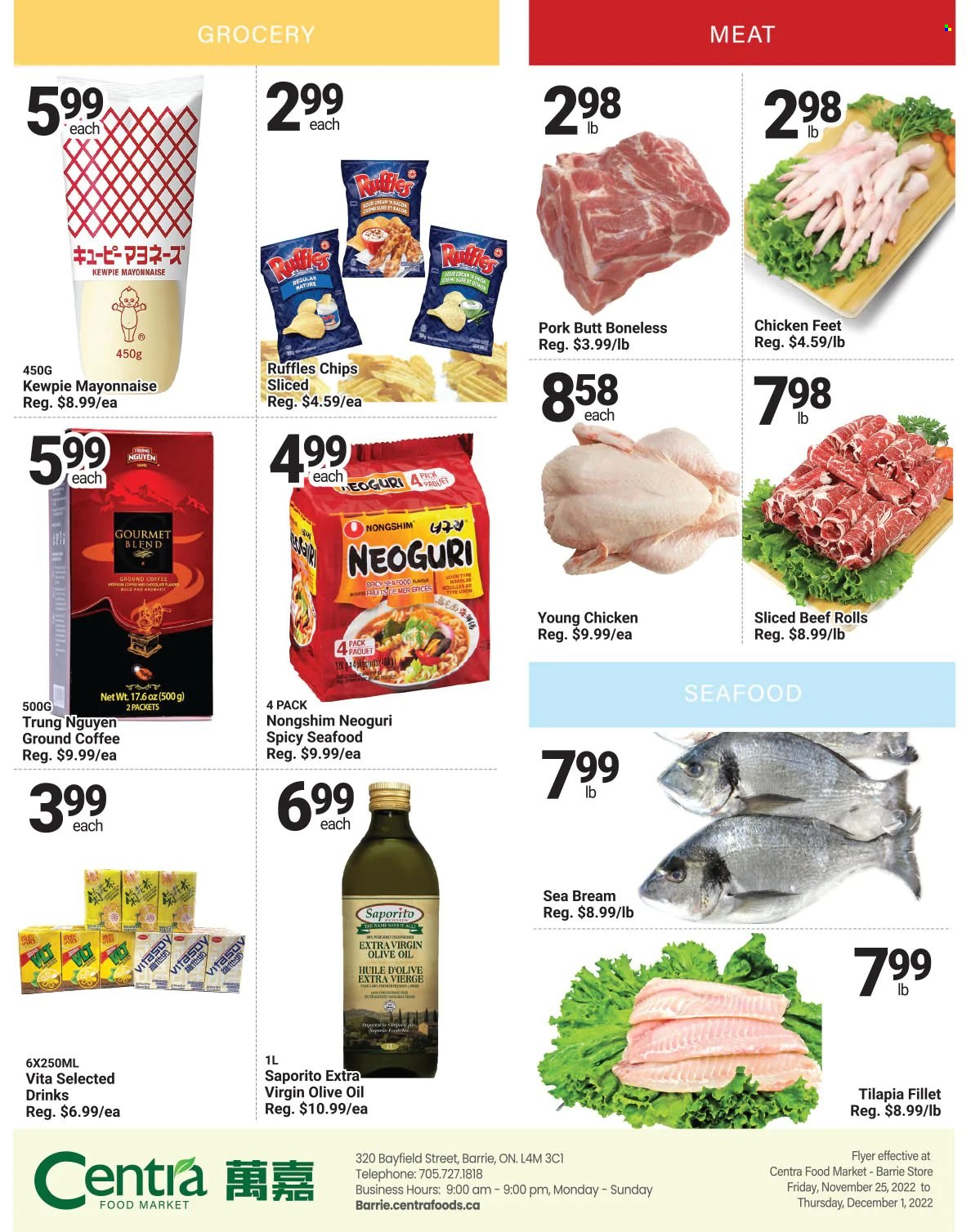 thumbnail - Centra Food Market Flyer - November 25, 2022 - December 01, 2022 - Sales products - tilapia, seafood, seabream, noodles, mayonnaise, chips, Ruffles, extra virgin olive oil, olive oil, oil, coffee, ground coffee, chicken paws, chicken, Sure. Page 4.