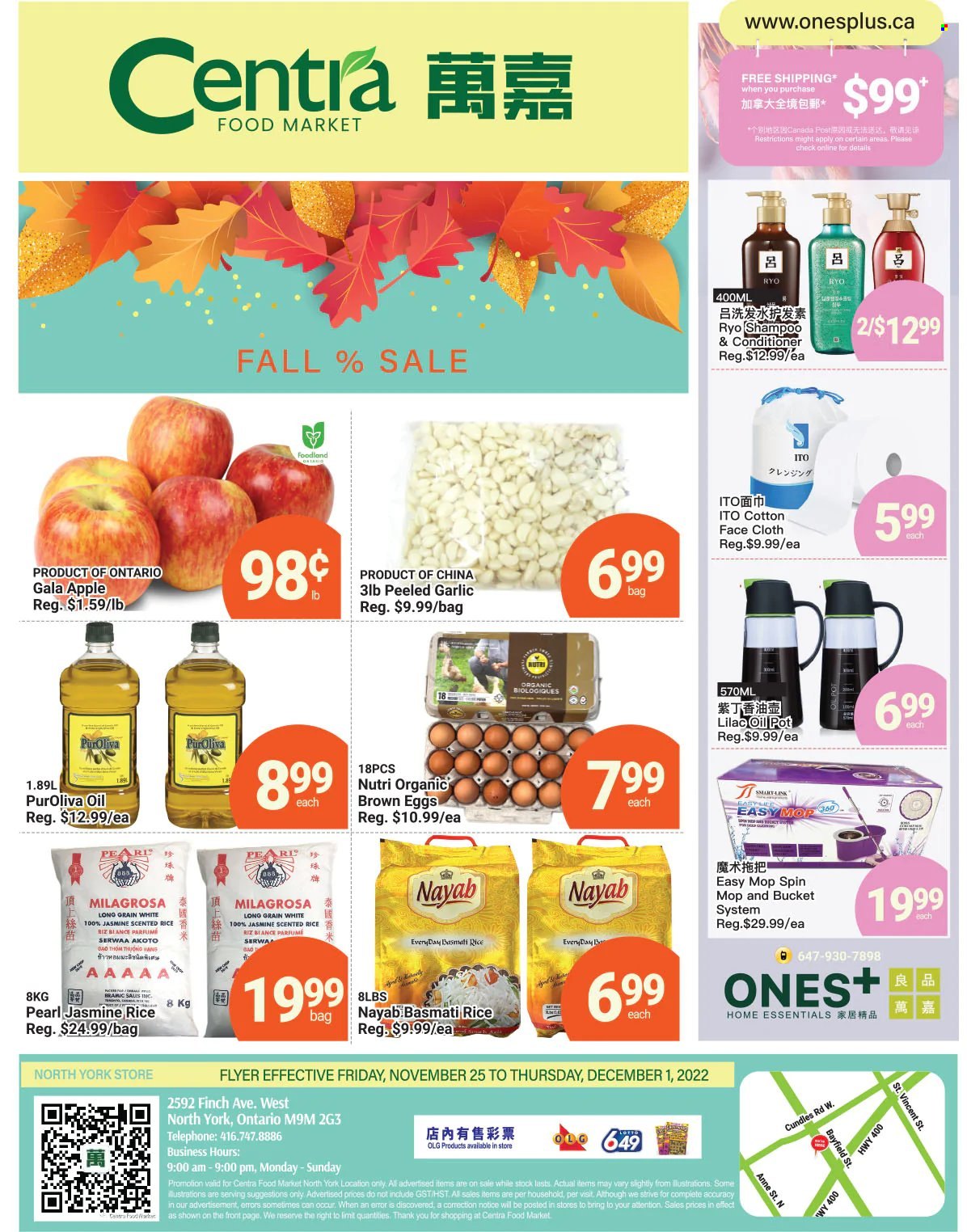 thumbnail - Centra Food Market Flyer - November 25, 2022 - December 01, 2022 - Sales products - garlic, Gala, eggs, basmati rice, rice, jasmine rice, oil, conditioner, bag, spin mop, mop, pot, shampoo. Page 1.