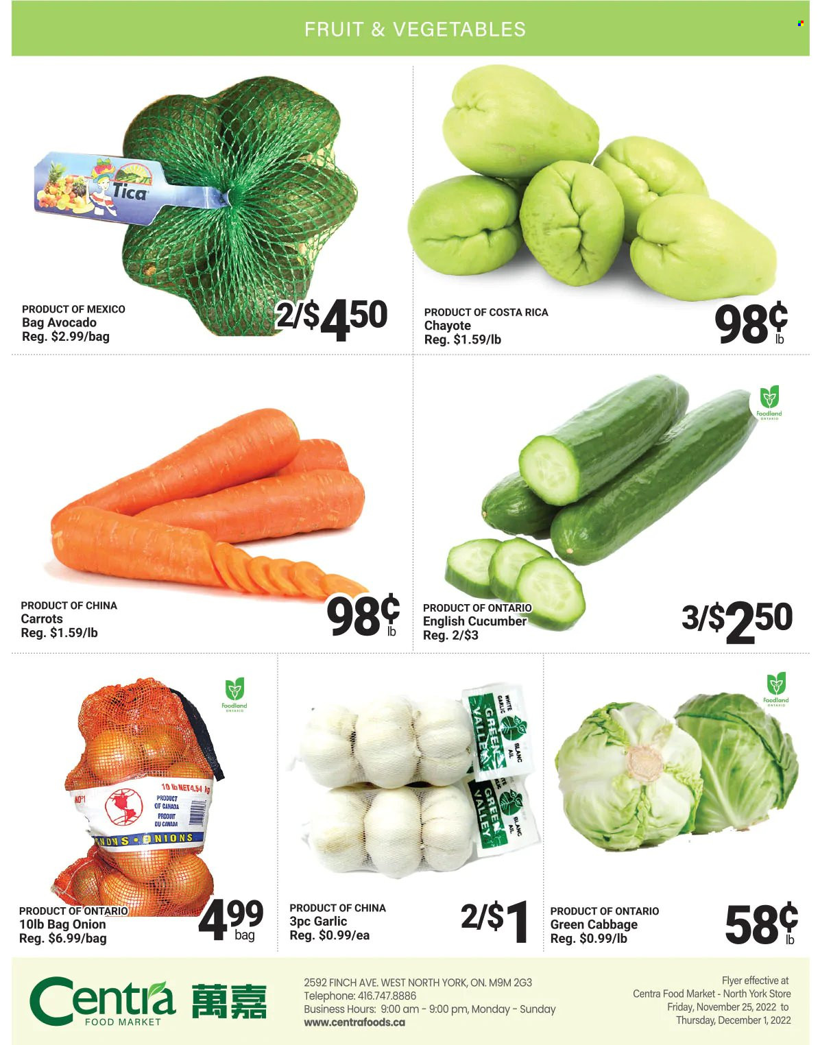 Centra Food Market Flyer - November 25, 2022 - December 01, 2022 - Sales products - cabbage, carrots, garlic, onion, avocado, chayote. Page 2.