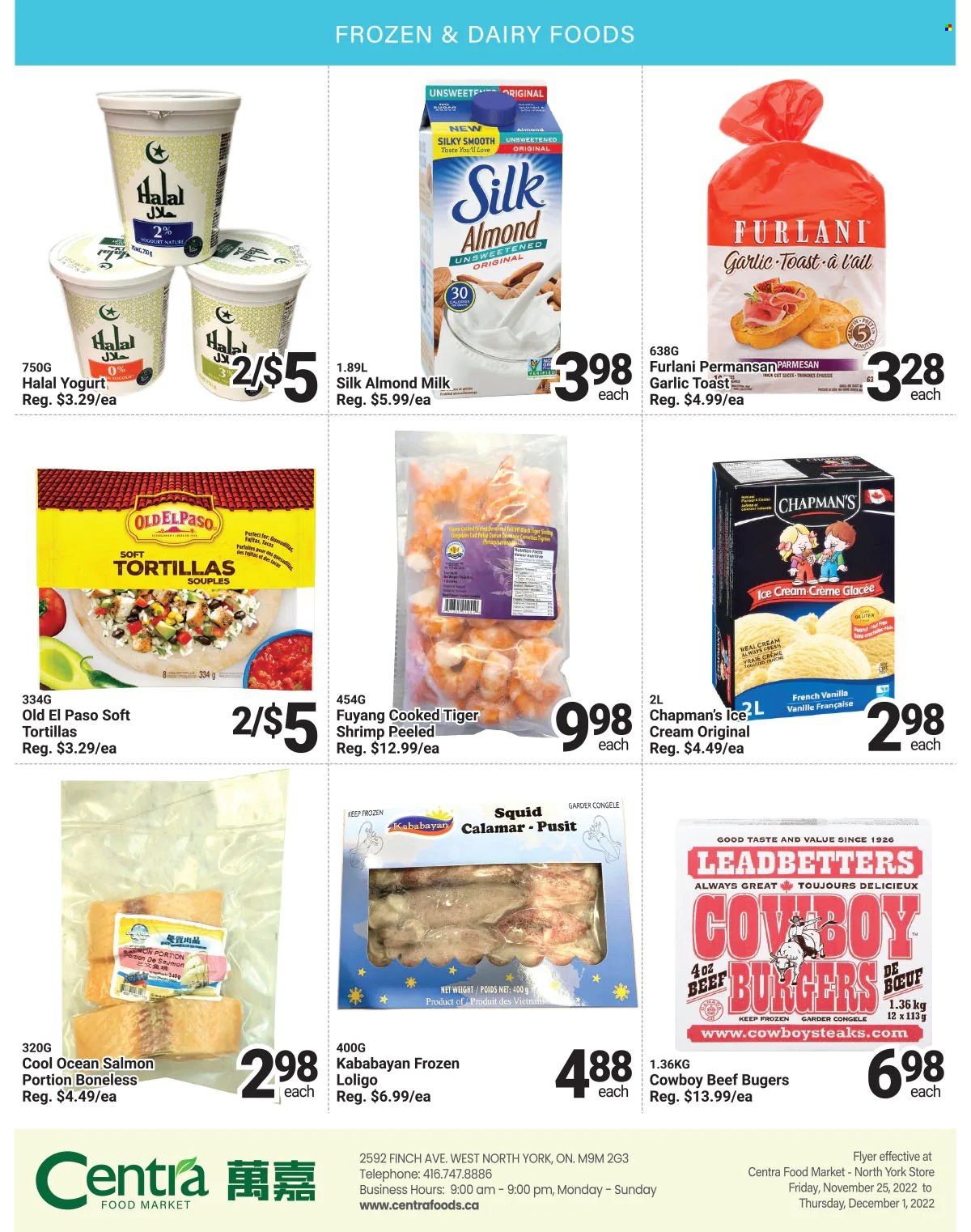 thumbnail - Centra Food Market Flyer - November 25, 2022 - December 01, 2022 - Sales products - tortillas, Old El Paso, salmon, squid, shrimps, hamburger, parmesan, yoghurt, almond milk, milk, ice cream, sugar. Page 3.