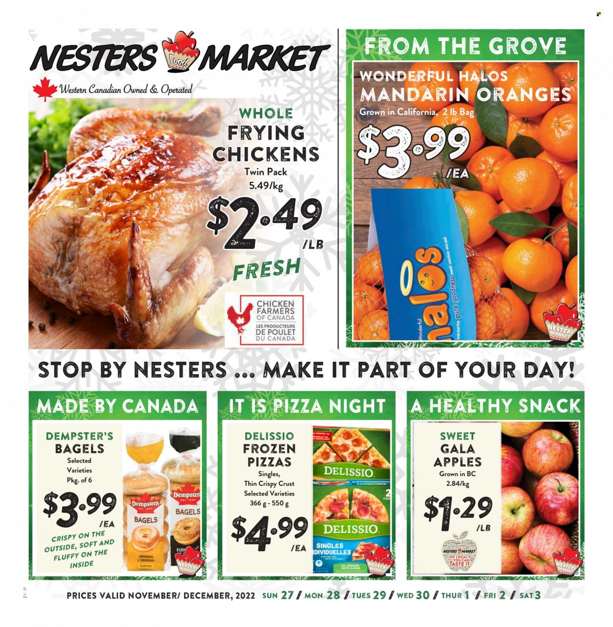 thumbnail - Nesters Food Market Flyer - November 27, 2022 - December 03, 2022 - Sales products - bagels, apples, Gala, mandarines, oranges, pizza. Page 1.