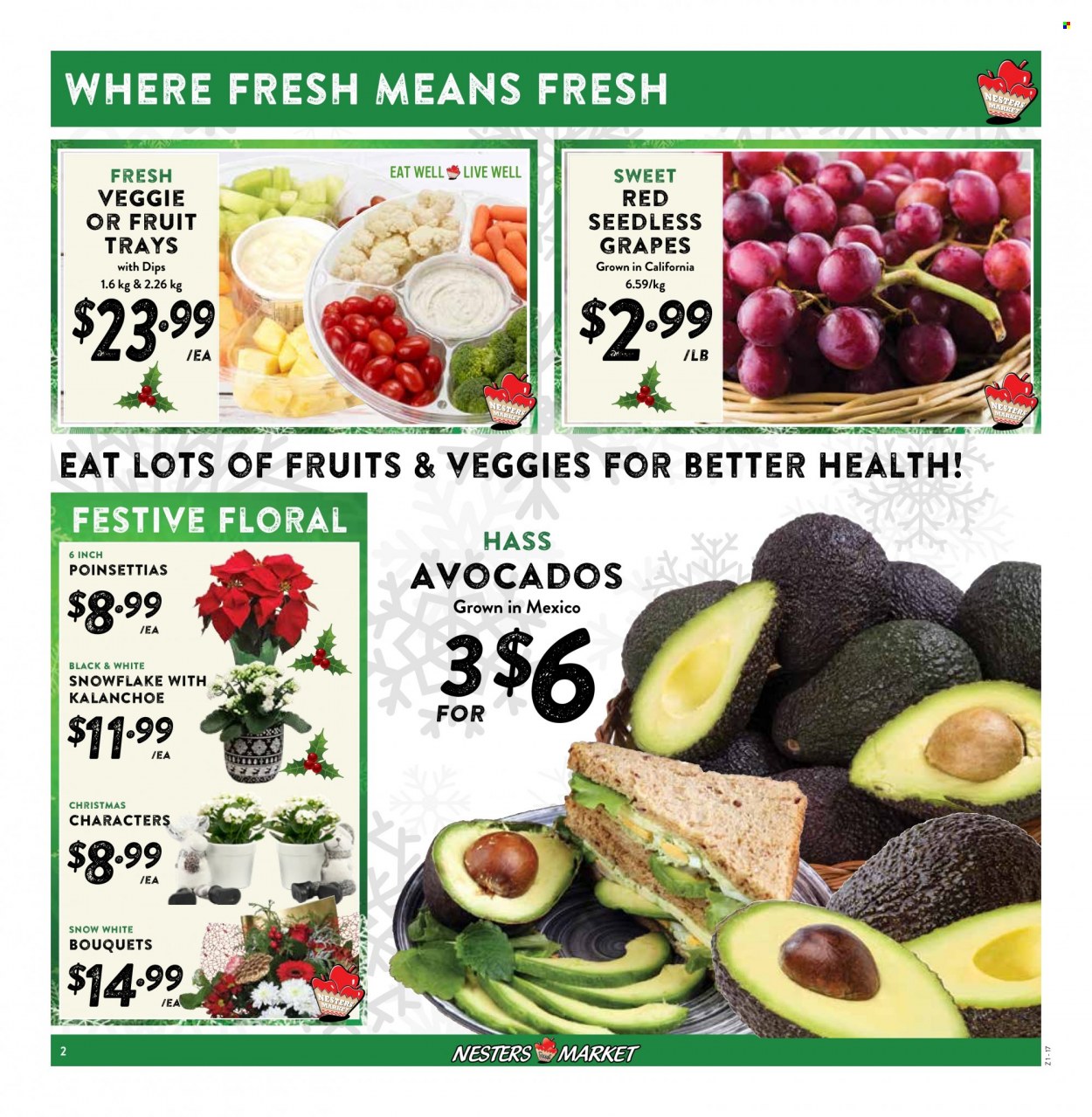 thumbnail - Nesters Food Market Flyer - November 27, 2022 - December 03, 2022 - Sales products - avocado, grapes, seedless grapes, poinsettia, bouquet. Page 2.