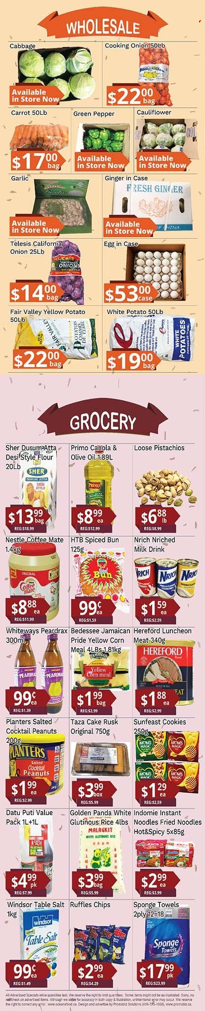 thumbnail - Oceans Flyer - November 25, 2022 - December 01, 2022 - Sales products - cake, rusks, cabbage, corn, garlic, potatoes, onion, green pepper, Sunfeast, noodles, lunch meat, Coffee-Mate, milk, eggs, cookies, chips, Ruffles, flour, corned meat, rice, olive oil, oil, peanuts, pistachios, Planters, comb, Nestlé. Page 2.