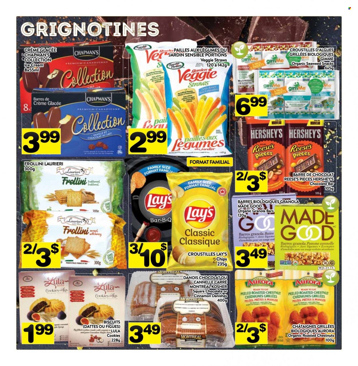 thumbnail - PA Supermarché Flyer - November 28, 2022 - December 04, 2022 - Sales products - ice cream, Reese's, Hershey's, cookies, snack, biscuit, chocolate bar, chips, Lay’s, Veggie Straws, granola bar, cinnamon, syrup, chestnuts. Page 4.