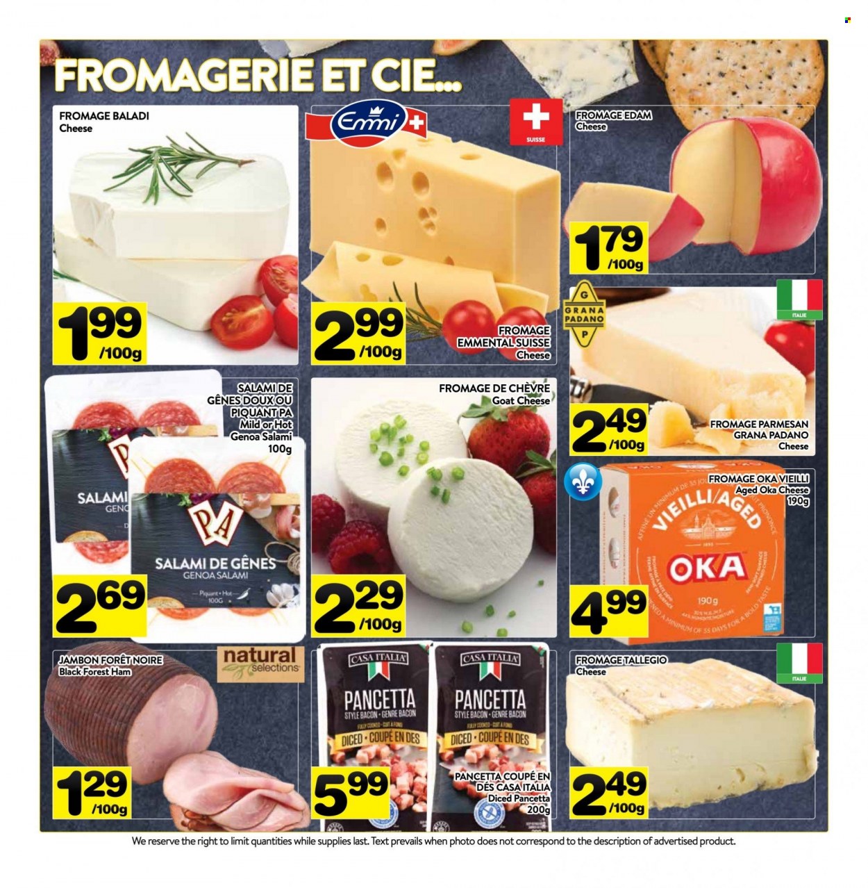 thumbnail - PA Supermarché Flyer - November 28, 2022 - December 04, 2022 - Sales products - bacon, salami, ham, edam cheese, goat cheese, parmesan, cheese, Grana Padano, pancetta. Page 7.