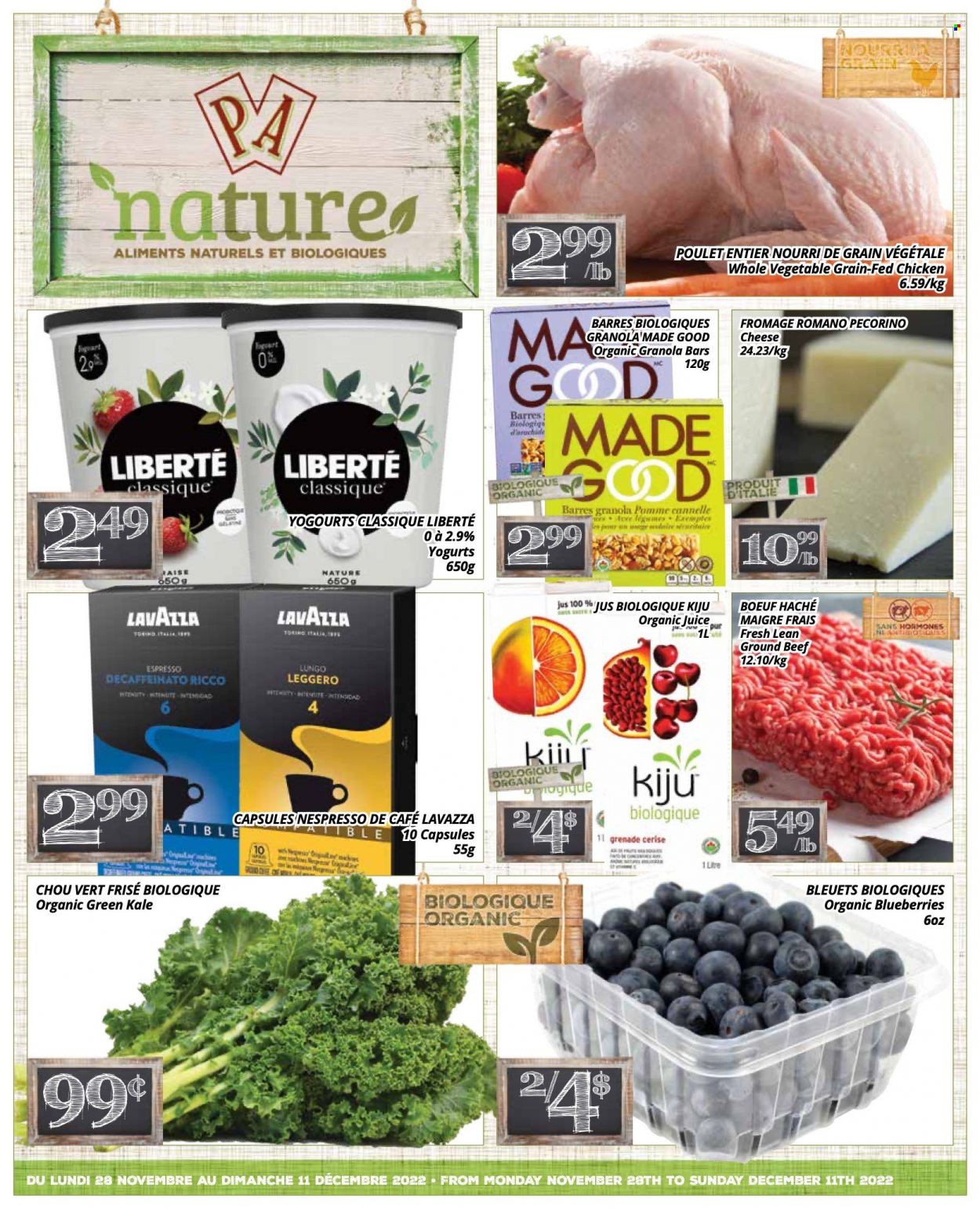 thumbnail - PA Nature Flyer - November 28, 2022 - December 11, 2022 - Sales products - kale, Pecorino, cheese, granola bar, juice, Nespresso, Lavazza, beef meat, ground beef. Page 1.