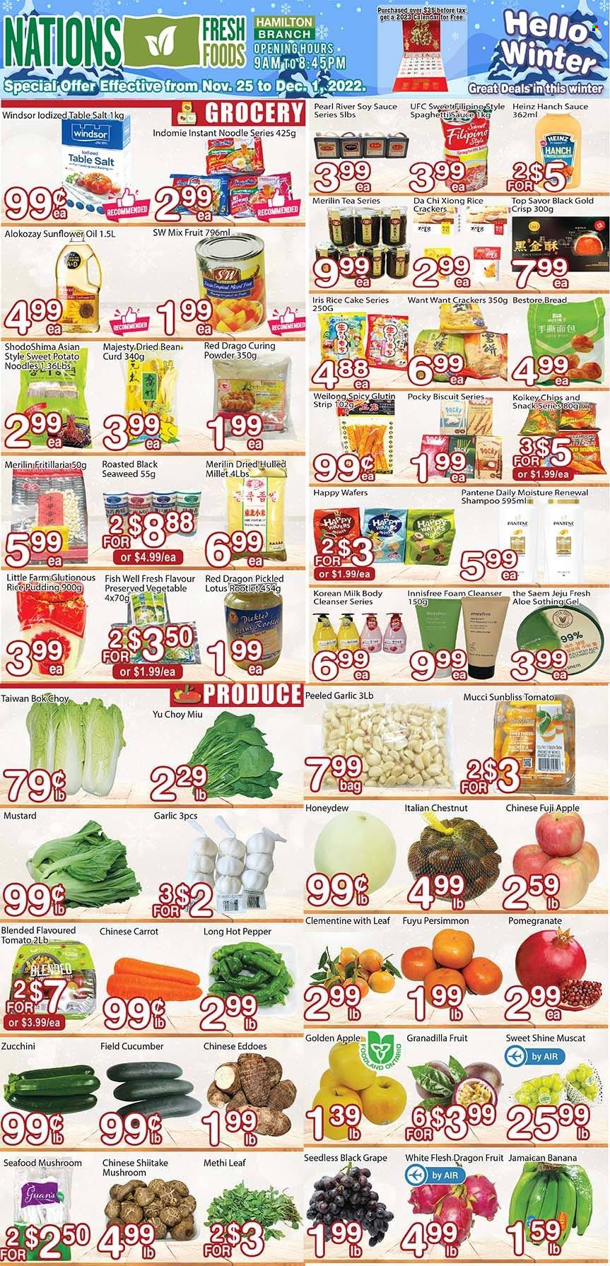 thumbnail - Nations Fresh Foods Flyer - November 25, 2022 - December 01, 2022 - Sales products - mushrooms, bread, bok choy, garlic, sweet potato, zucchini, honeydew, persimmons, Fuji apple, pomegranate, dragon fruit, seafood, fish, spaghetti, sauce, noodles, spaghetti sauce, ham, curd, rice pudding, milk, wafers, snack, crackers, biscuit, chips, seaweed, mustard, soy sauce, sunflower oil, oil, tea, cleanser, shampoo, Heinz, Pantene. Page 1.