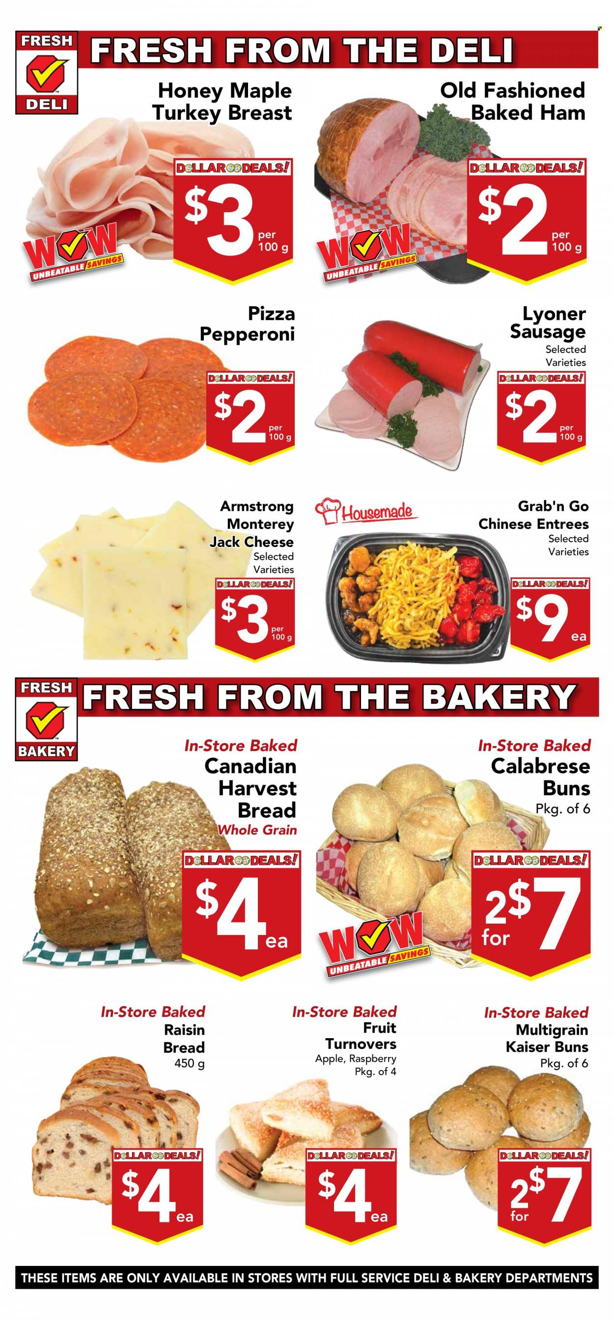 thumbnail - Buy-Low Foods Flyer - November 27, 2022 - December 03, 2022 - Sales products - bread, buns, turnovers, pizza, ham, sausage, pepperoni, Monterey Jack cheese, honey, baked fruit, turkey breast, turkey. Page 4.