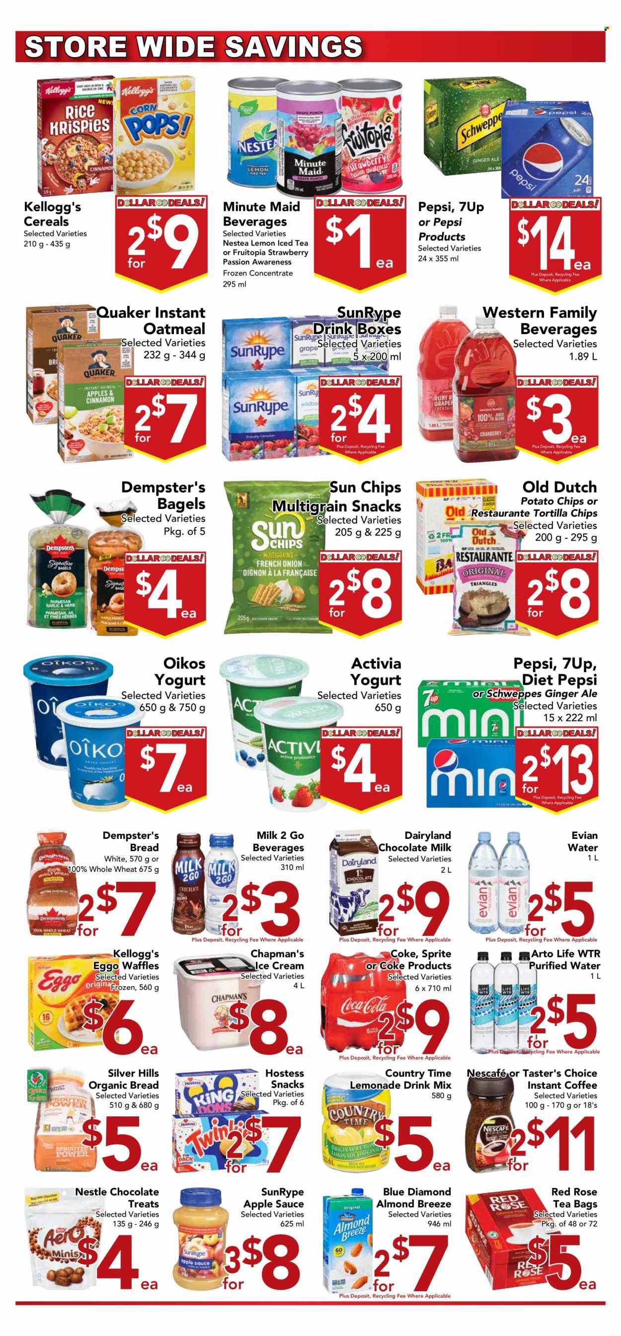 thumbnail - Buy-Low Foods Flyer - November 27, 2022 - December 03, 2022 - Sales products - bagels, bread, waffles, sauce, Quaker, yoghurt, Activia, Oikos, milk, Almond Breeze, ice cream, milk chocolate, snack, Kellogg's, tortilla chips, potato chips, oatmeal, cereals, apple sauce, Blue Diamond, Coca-Cola, ginger ale, lemonade, Schweppes, Sprite, Pepsi, Diet Pepsi, 7UP, Country Time, fruit punch, purified water, Evian, tea bags, coffee, instant coffee, rosé wine, Hill's, Nestlé, Nescafé. Page 5.
