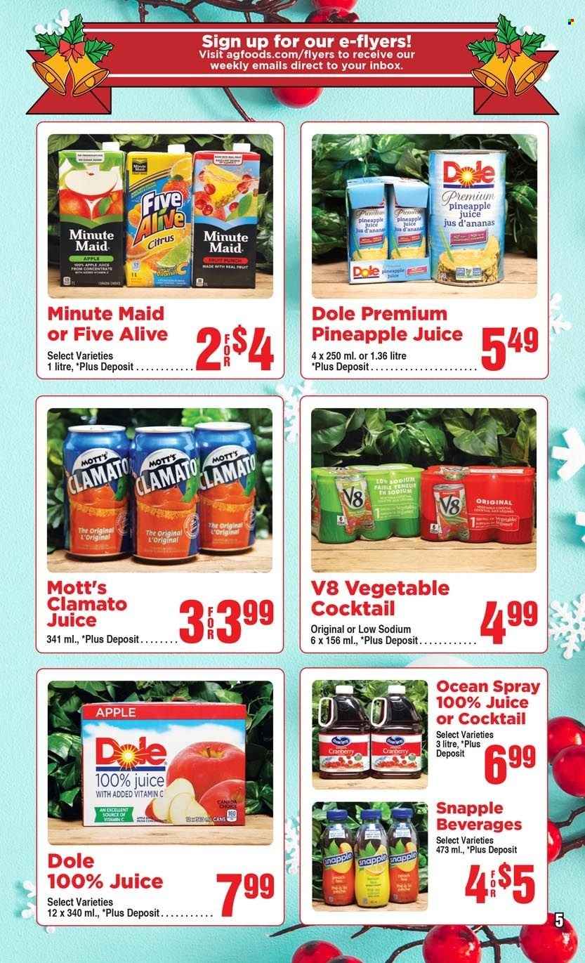 thumbnail - AG Foods Flyer - November 27, 2022 - December 31, 2022 - Sales products - Dole, pineapple, Mott's, pineapple juice, juice, Clamato, Snapple, fruit punch, vitamin c. Page 5.