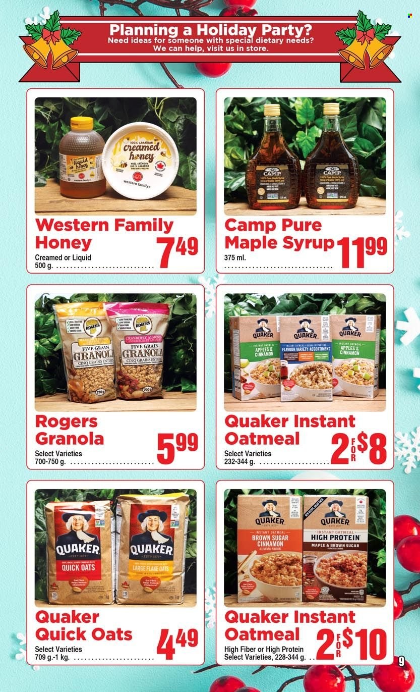 thumbnail - AG Foods Flyer - November 27, 2022 - December 31, 2022 - Sales products - Quaker, oatmeal, oats, Quick Oats, cinnamon, maple syrup, honey, syrup, granola. Page 9.