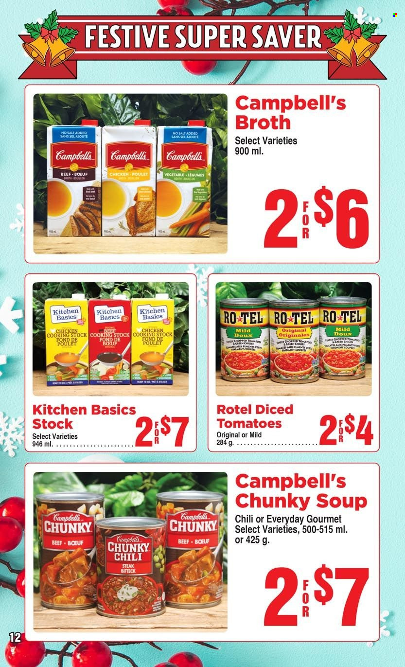 thumbnail - AG Foods Flyer - November 27, 2022 - December 31, 2022 - Sales products - tomatoes, Campbell's, soup, bouillon, broth, diced tomatoes, steak. Page 12.