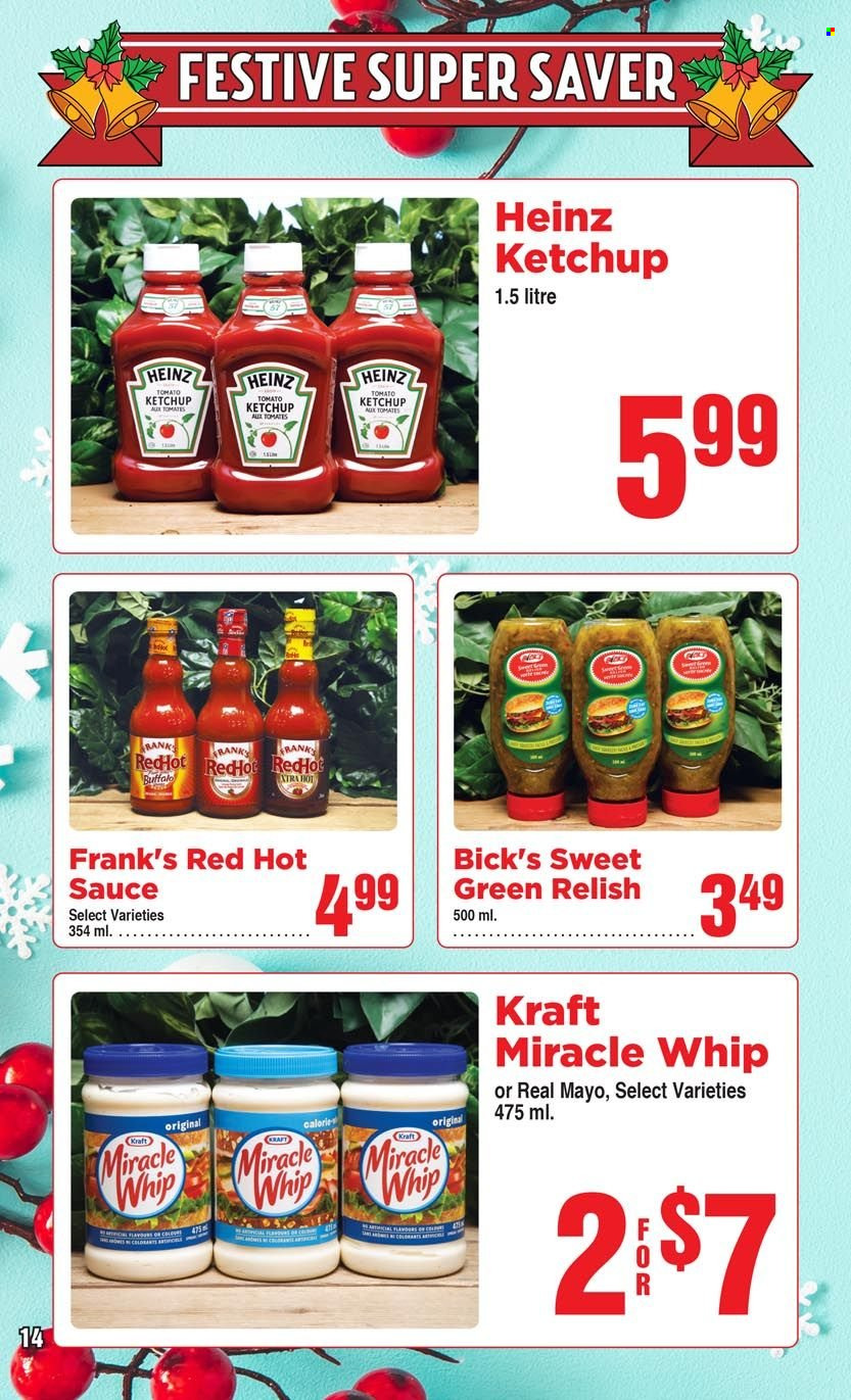 thumbnail - AG Foods Flyer - November 27, 2022 - December 31, 2022 - Sales products - sauce, Kraft®, Miracle Whip, hot sauce, Heinz, ketchup. Page 14.