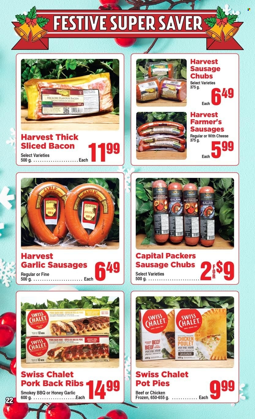 thumbnail - AG Foods Flyer - November 27, 2022 - December 31, 2022 - Sales products - pie, pot pie, garlic, bacon, salami, sausage, cheese, pork meat, pork ribs, pork back ribs. Page 22.
