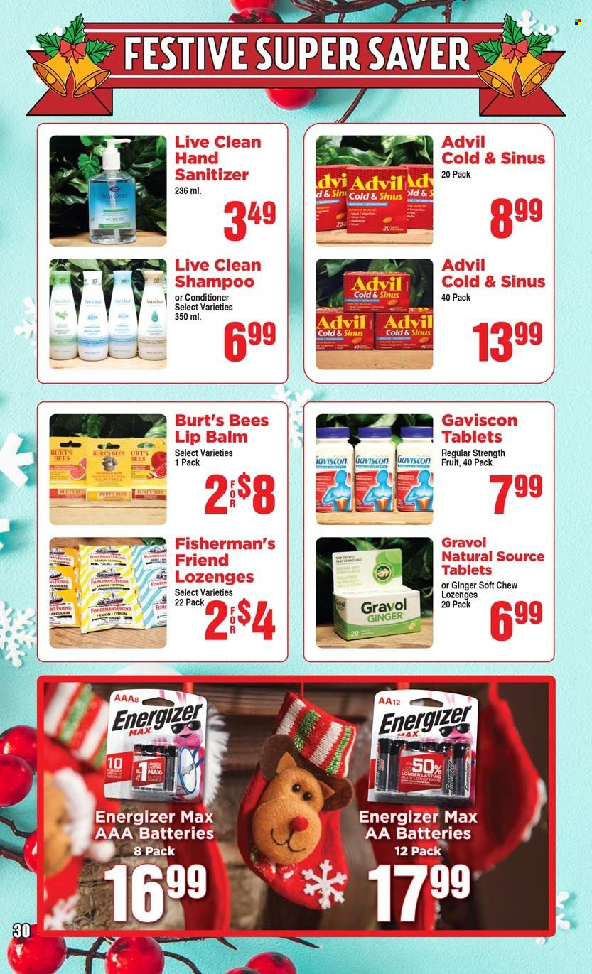 thumbnail - AG Foods Flyer - November 27, 2022 - December 31, 2022 - Sales products - ginger, lip balm, conditioner, hand sanitizer, Advil Rapid, Gaviscon, Energizer, shampoo. Page 30.