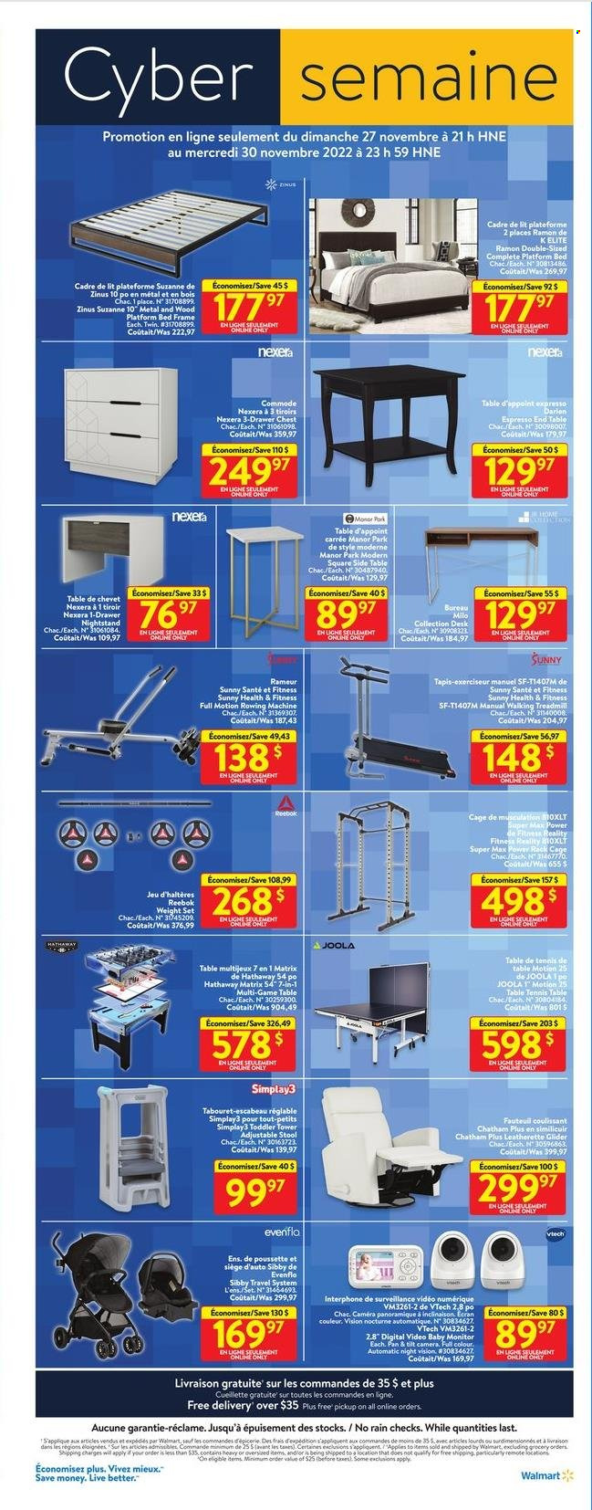 thumbnail - Walmart Flyer - November 27, 2022 - November 30, 2022 - Sales products - Milo, pan, cage, baby monitor, stool, end table, sidetable, bed frame, nightstand, desk, treadmill, table tennis table, Vtech, power rack, camera, monitor, Reebok. Page 4.