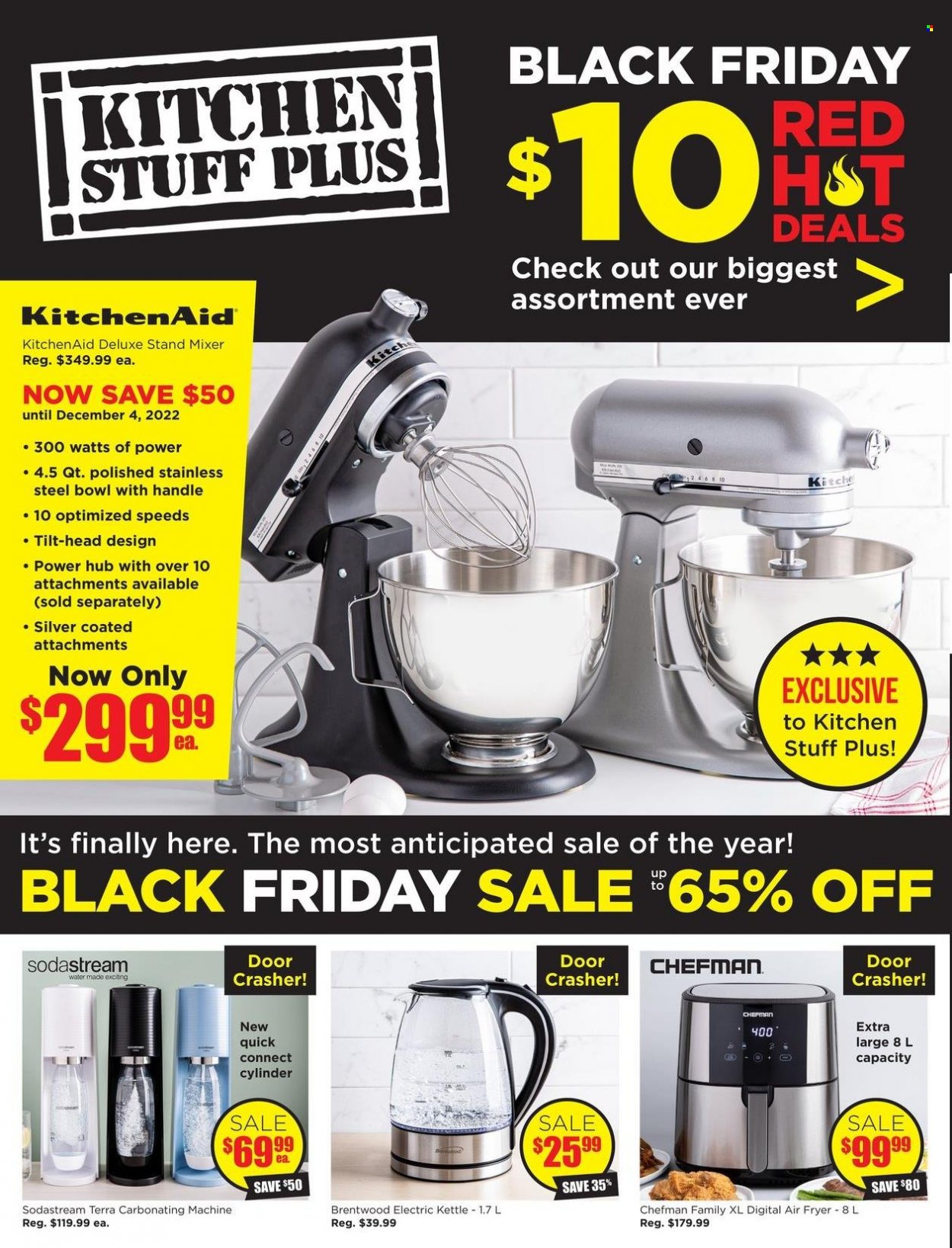 thumbnail - Kitchen Stuff Plus Flyer - November 24, 2022 - December 04, 2022 - Sales products - KitchenAid, SodaStream, bowl, Chefman, mixer, stand mixer, air fryer, kettle. Page 1.