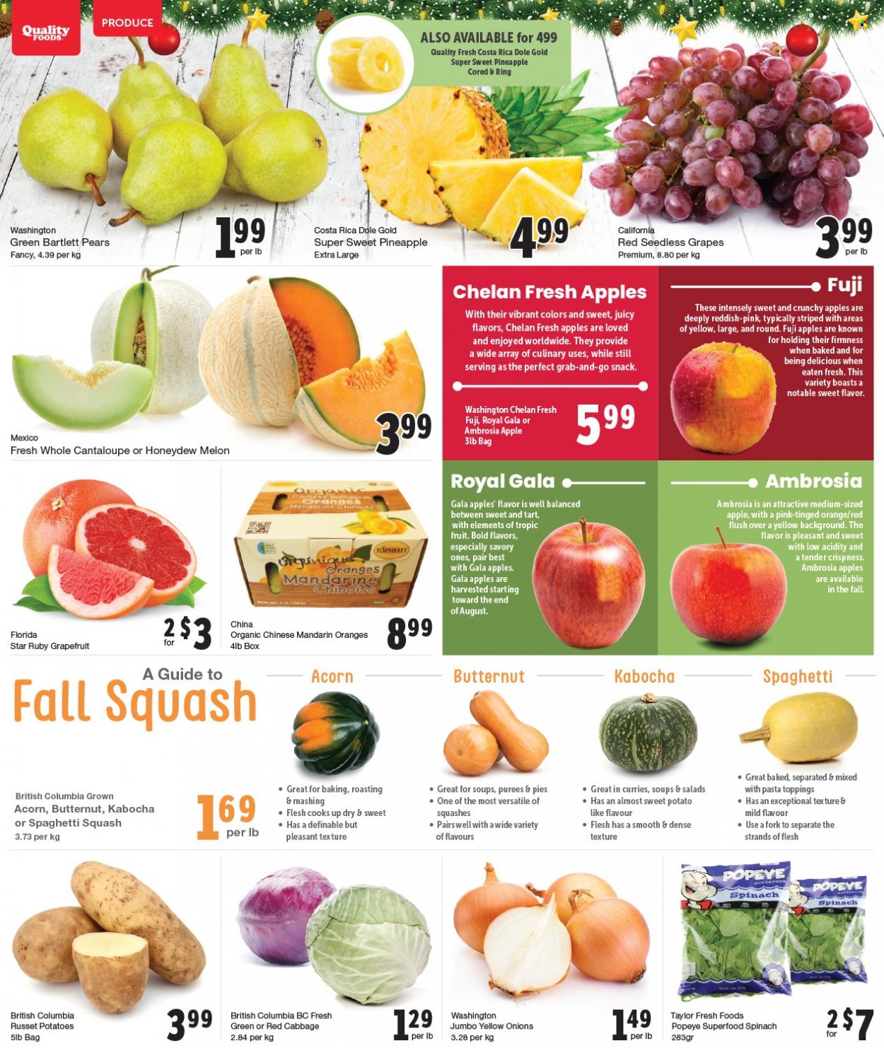 thumbnail - Quality Foods Flyer - November 28, 2022 - December 04, 2022 - Sales products - tart, butternut squash, cabbage, cantaloupe, russet potatoes, spinach, sweet potato, potatoes, pumpkin, onion, Dole, Bartlett pears, Gala, grapefruits, grapes, mandarines, seedless grapes, honeydew, pineapple, pears, Fuji apple, oranges, melons, snack, fork. Page 2.