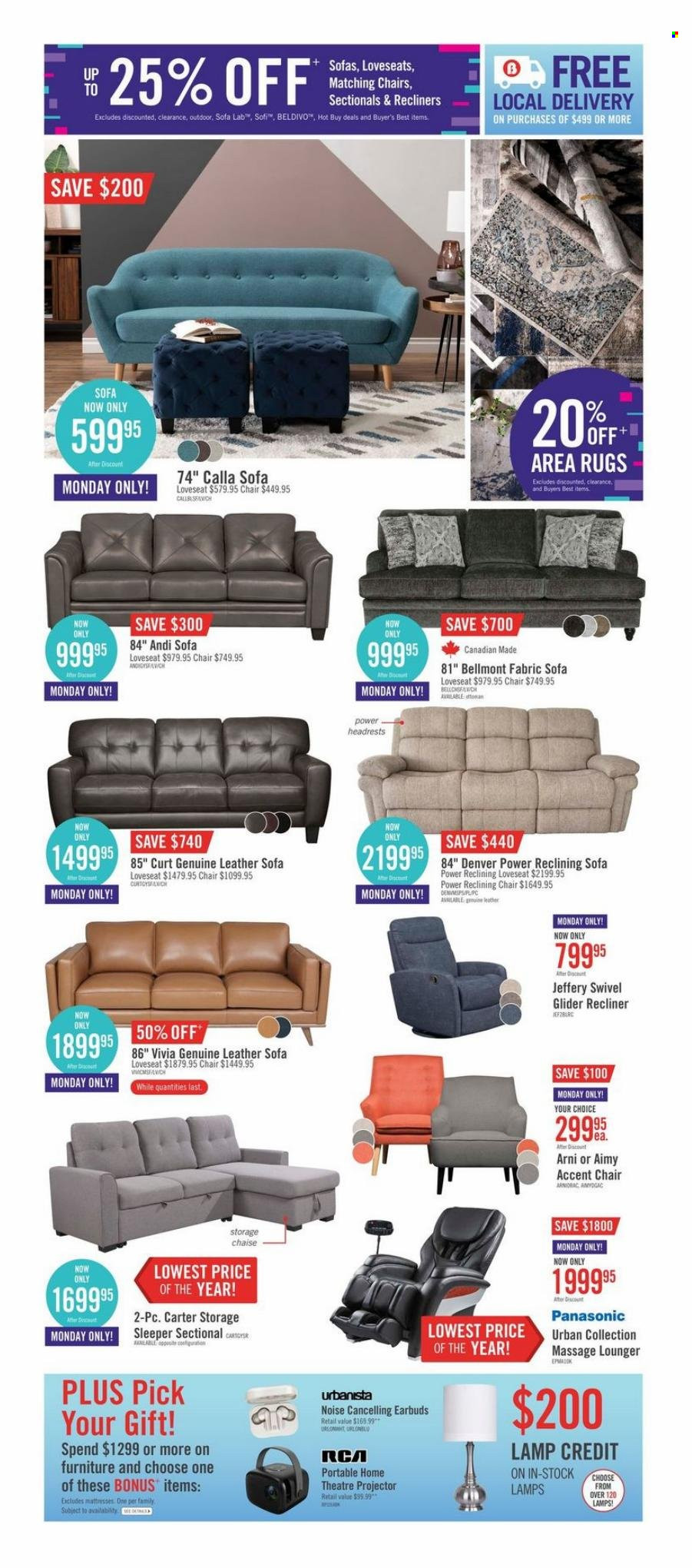 thumbnail - The Brick Flyer - November 28, 2022 - December 08, 2022 - Sales products - projector, Urbanista, earbuds, chair, accent chair, leather sofa, loveseat, sofa, recliner chair, ottoman, mattress, lamp, rug, area rug, Panasonic. Page 3.