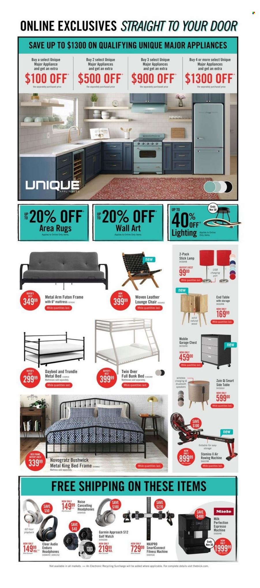 thumbnail - The Brick Flyer - November 28, 2022 - December 08, 2022 - Sales products - speaker, headphones, coffee machine, espresso maker, chair, lounge, end table, sidetable, bed, daybed, metal bed, king bed, bunk bed, bed frame, mattress, lamp, lighting, rug, area rug, Miele. Page 15.