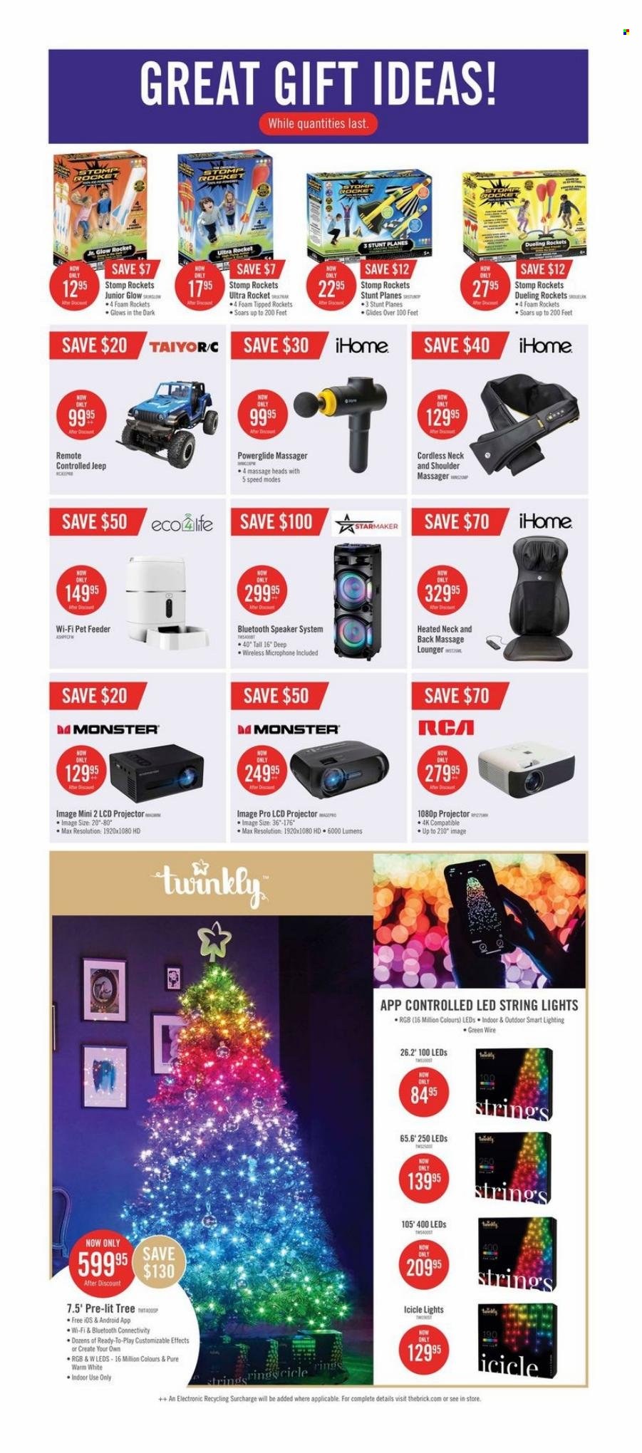thumbnail - The Brick Flyer - November 28, 2022 - December 08, 2022 - Sales products - projector, speaker, bluetooth speaker, microphone, massager, icicle light, string lights, lighting. Page 23.