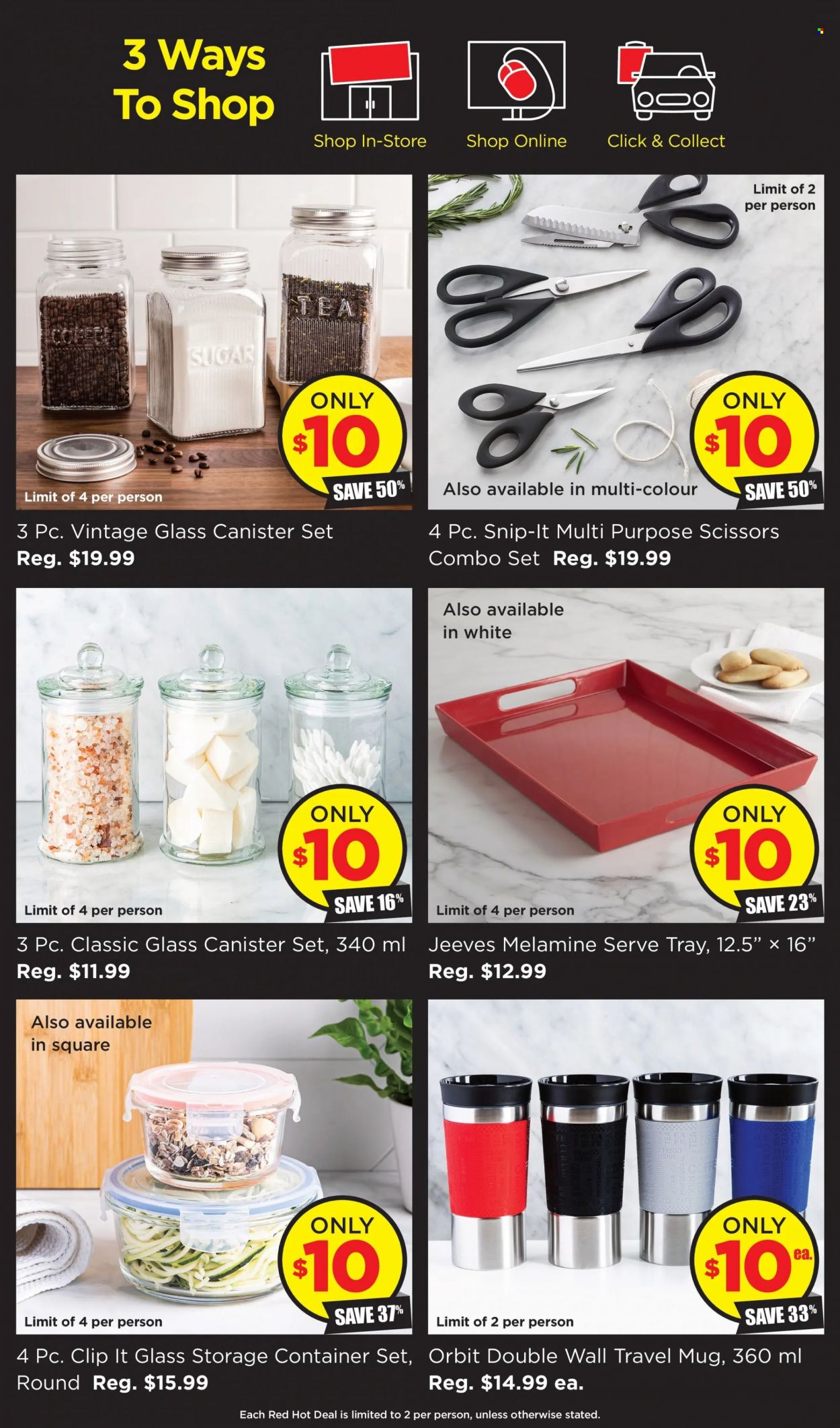 thumbnail - Kitchen Stuff Plus Flyer - November 28, 2022 - December 04, 2022 - Sales products - canister, mug, tray, travel mug, container, storage container set, storage box, scissors. Page 4.