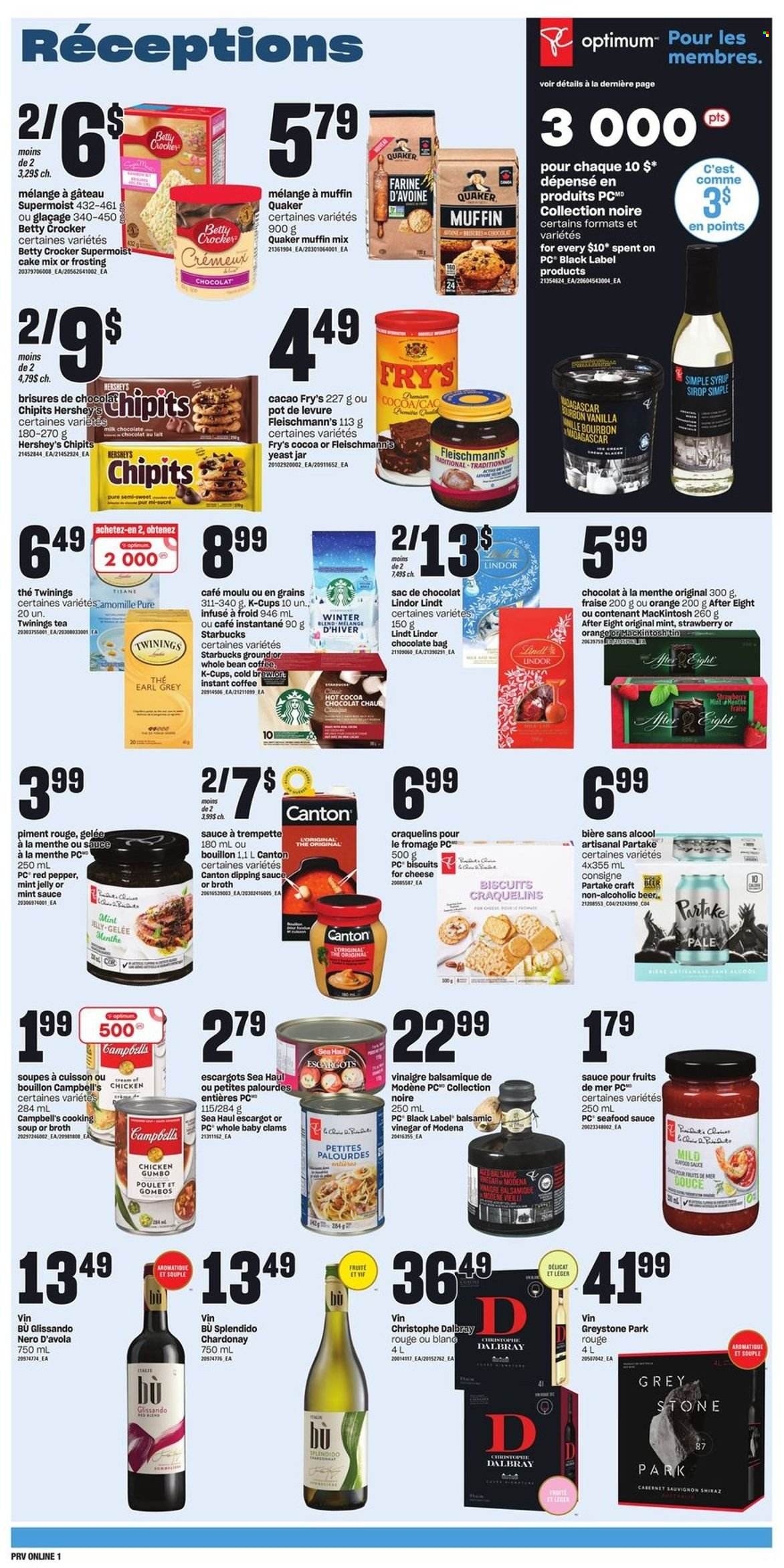 thumbnail - Provigo Flyer - December 01, 2022 - December 07, 2022 - Sales products - cake mix, muffin mix, oranges, clams, seafood, Campbell's, soup, Quaker, cheese, Président, yeast, Hershey's, milk chocolate, chocolate, jelly, biscuit, After Eight, bouillon, frosting, broth, mint jelly, balsamic vinegar, vinegar, syrup, hot cocoa, tea, Twinings, coffee, instant coffee, coffee capsules, Starbucks, K-Cups, Cabernet Sauvignon, Shiraz, bourbon, beer, bag, Optimum, Lindt, Lindor. Page 5.