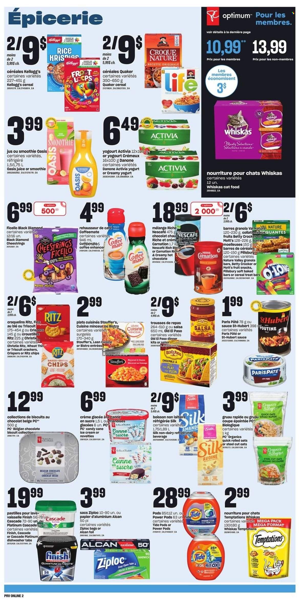 thumbnail - Provigo Flyer - December 01, 2022 - December 07, 2022 - Sales products - Old El Paso, Mott's, macaroni & cheese, sandwich, Pillsbury, dinner kit, Quaker, Lean Cuisine, string cheese, yoghurt, Activia, Coffee-Mate, Silk, ice cream, Stouffer's, candy cane, crackers, Kellogg's, biscuit, pastilles, fruit snack, RITZ, chips, oats, rolled oats, granola bar, Quick Oats, Nature Valley, rice, salsa, juice, smoothie, hot chocolate, Tide, Cascade, bag, Ziploc, animal food, cat food, Optimum, Danone, Whiskas, Nescafé. Page 6.