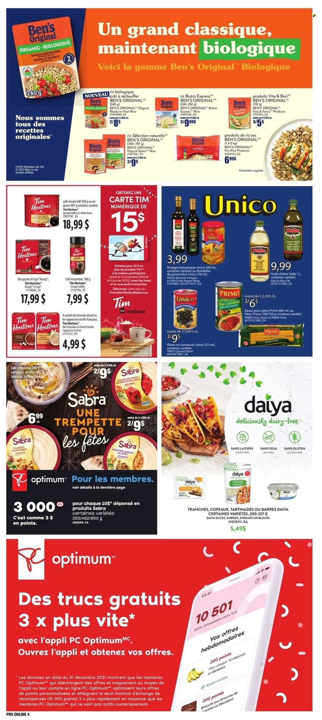 thumbnail - Provigo Flyer - December 01, 2022 - December 07, 2022 - Sales products - pasta sauce, hummus, Mars, biscuit, brown rice, rice, extra virgin olive oil, olive oil, oil, hot chocolate, cappuccino, coffee, instant coffee, ground coffee, coffee capsules, K-Cups, Keurig, Optimum, quinoa, olives. Page 9.