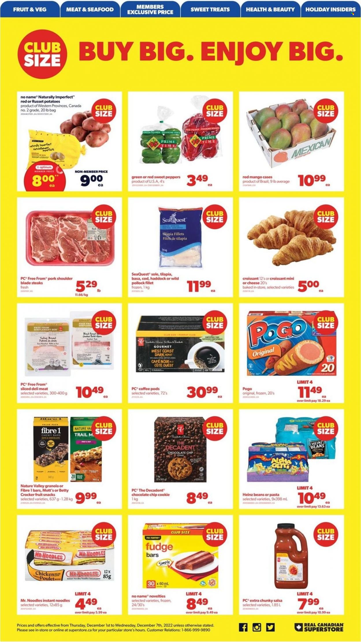 thumbnail - Real Canadian Superstore Flyer - December 01, 2022 - December 07, 2022 - Sales products - croissant, russet potatoes, sweet peppers, potatoes, peppers, green pepper, mango, Mott's, cod, tilapia, haddock, pollock, seafood, No Name, instant noodles, noodles, fudge, fruit snack, Nature Valley, salsa, coffee, coffee pods, turkey breast, turkey, pork meat, pork shoulder, book, Optimum, granola, Heinz, steak. Page 11.