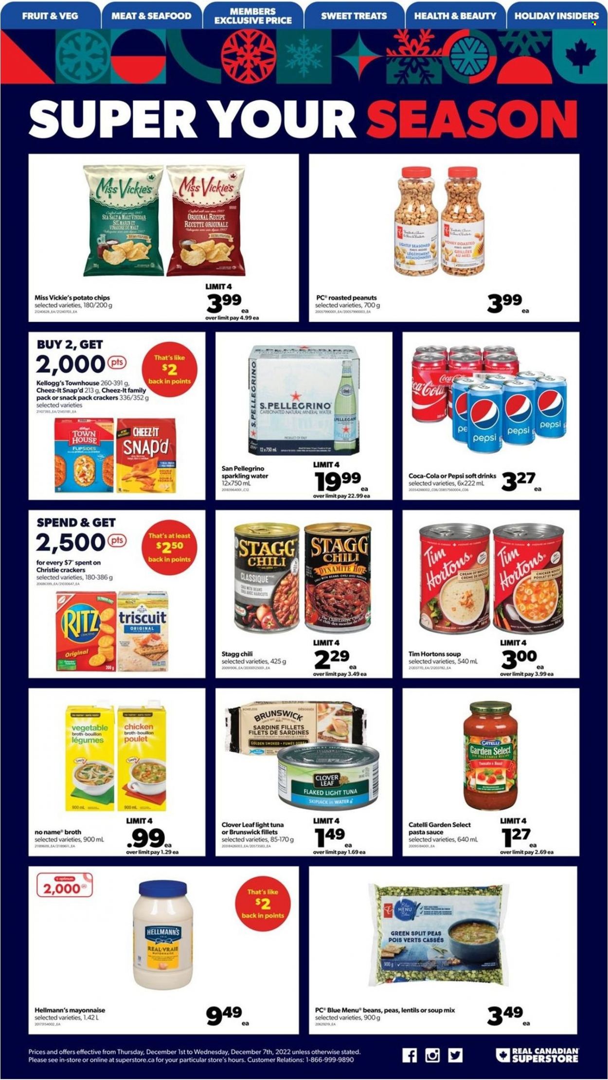 thumbnail - Real Canadian Superstore Flyer - December 01, 2022 - December 07, 2022 - Sales products - sardines, tuna, seafood, No Name, pasta sauce, soup mix, soup, sauce, Clover, mayonnaise, Hellmann’s, split peas, crackers, Kellogg's, RITZ, potato chips, chips, Cheez-It, bouillon, chicken broth, salt, broth, malt, lentils, light tuna, roasted peanuts, peanuts, Coca-Cola, Pepsi, soft drink, mineral water, sparkling water, San Pellegrino, costume. Page 18.