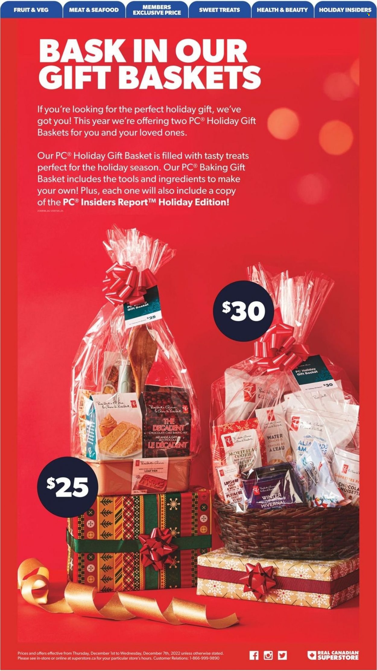 thumbnail - Real Canadian Superstore Flyer - December 01, 2022 - December 07, 2022 - Sales products - cake, chocolate cake, seafood, Président, chocolate, baking mix, basket, pan. Page 26.