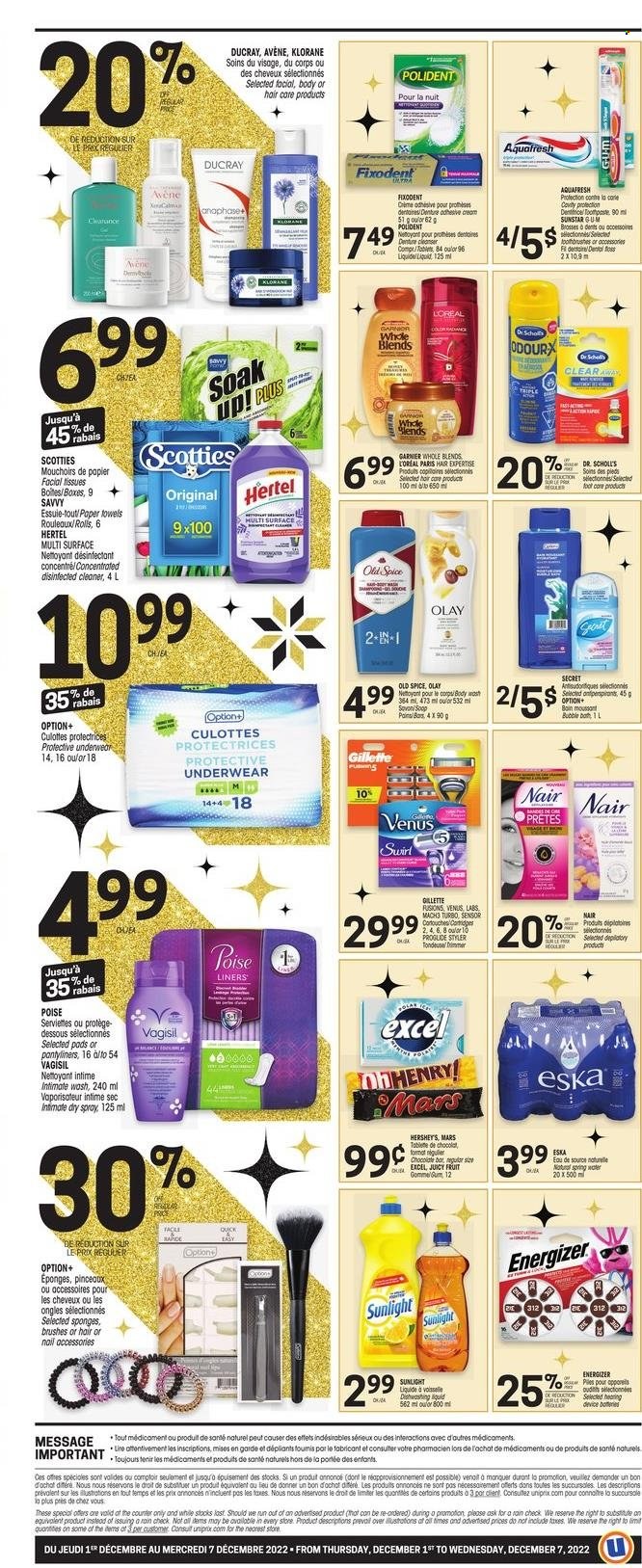 thumbnail - Uniprix Flyer - December 01, 2022 - December 07, 2022 - Sales products - Mars, Hershey's, chocolate bar, spice, spring water, kitchen towels, paper towels, cleaner, Sunlight, dishwashing liquid, Fixodent, Polident, pantyliners, cleanser, Gillette, L’Oréal, Olay, Klorane, anti-perspirant, Venus, foot care, Dr. Scholl's, Energizer, Garnier, Old Spice. Page 2.