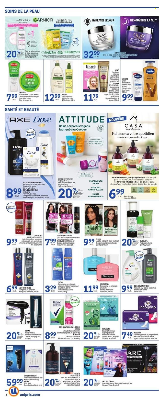 thumbnail - Uniprix Flyer - December 01, 2022 - December 07, 2022 - Sales products - Dove, Aveeno, Joy, Vaseline, pantyliners, tampons, Gillette, L’Oréal, serum, Olay, Bioré®, Root Touch-Up, Clairol, conditioner, TRESemmé, hair color, body lotion, Jergens, anti-perspirant, Eclat, Axe, Garnier, Neutrogena, shampoo, Oral-B, deodorant. Page 5.
