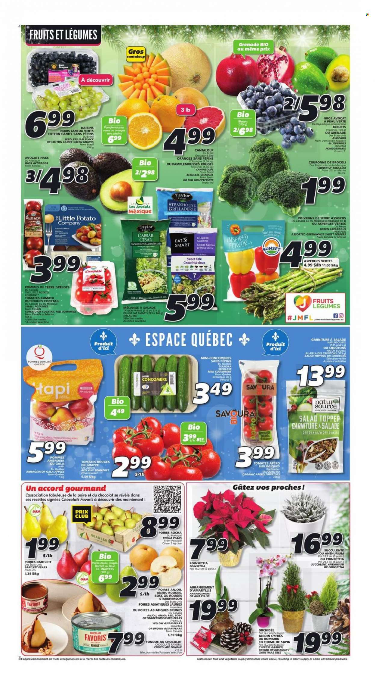 thumbnail - IGA Flyer - December 01, 2022 - December 07, 2022 - Sales products - asparagus, broccoli, cantaloupe, cucumber, sweet peppers, kale, potatoes, salad, peppers, chopped salad, apples, avocado, Bartlett pears, Gala, grapes, pears, oranges, pomegranate, chocolate, cotton candy, Merci, croutons, topping, rosemary, fruit jam, dried fruit, raisins. Page 3.