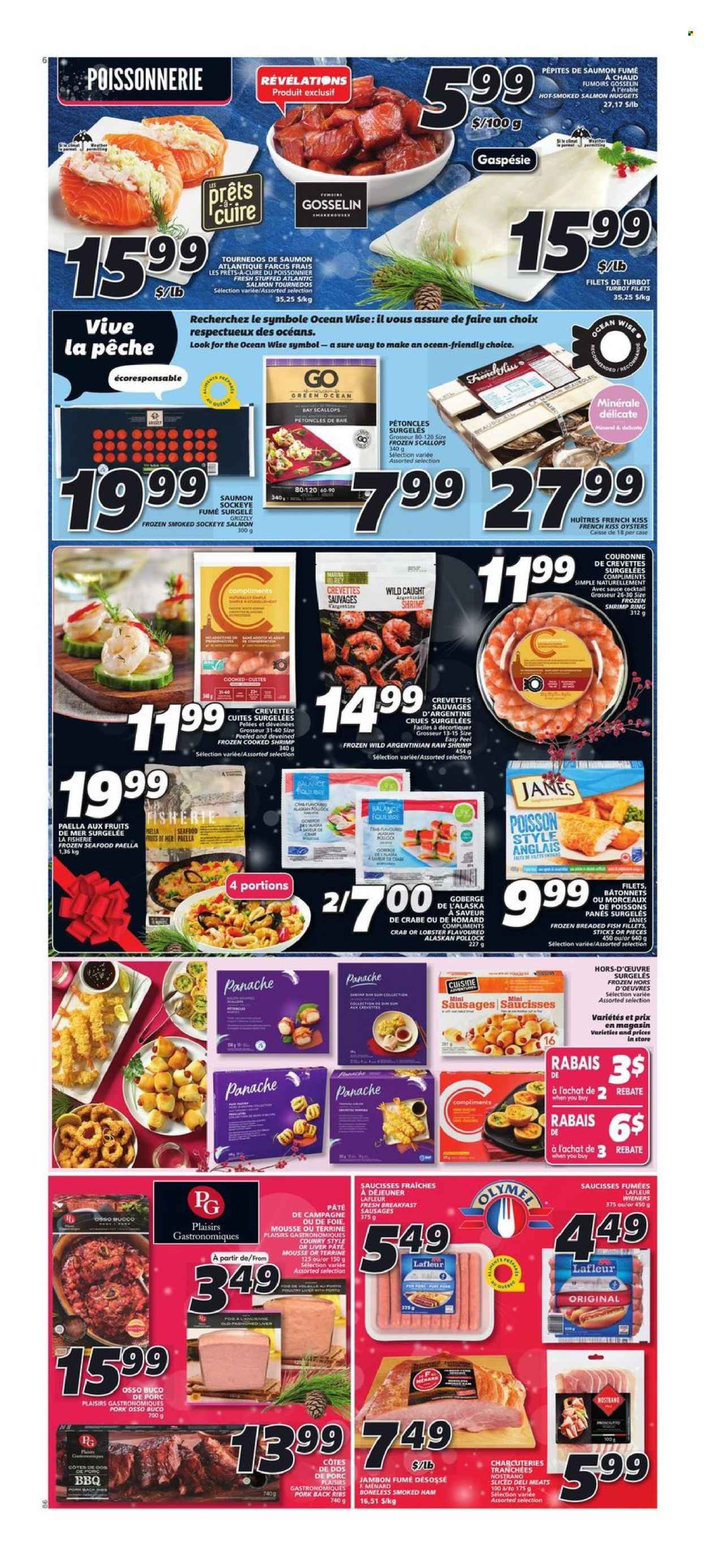 thumbnail - IGA Flyer - December 01, 2022 - December 07, 2022 - Sales products - fish fillets, lobster, salmon, scallops, smoked salmon, pollock, oysters, turbot, seafood, crab, fish, shrimps, nuggets, sauce, breaded fish, ham, smoked ham, sausage, paella, pork meat, pork ribs, pork back ribs. Page 5.
