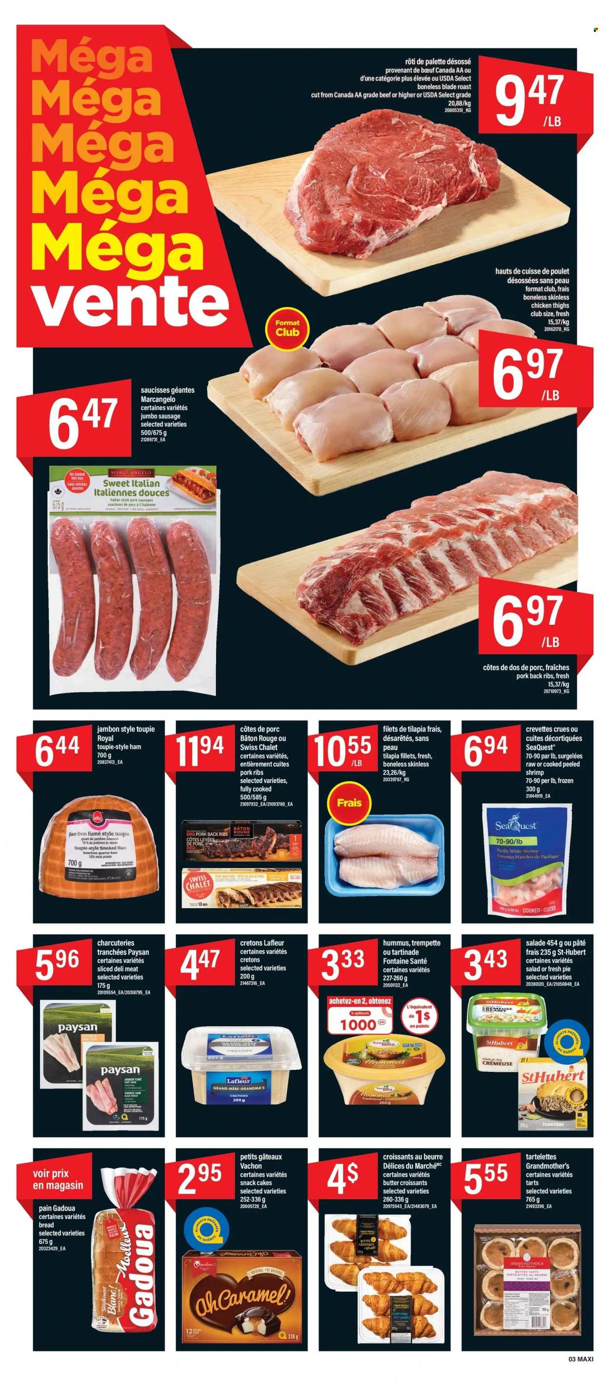 thumbnail - Maxi Flyer - December 01, 2022 - December 07, 2022 - Sales products - bread, cake, pie, croissant, tilapia, ham, smoked ham, sausage, hummus, snack, caramel, chicken thighs, chicken, pork meat, pork ribs, pork back ribs, Palette. Page 3.