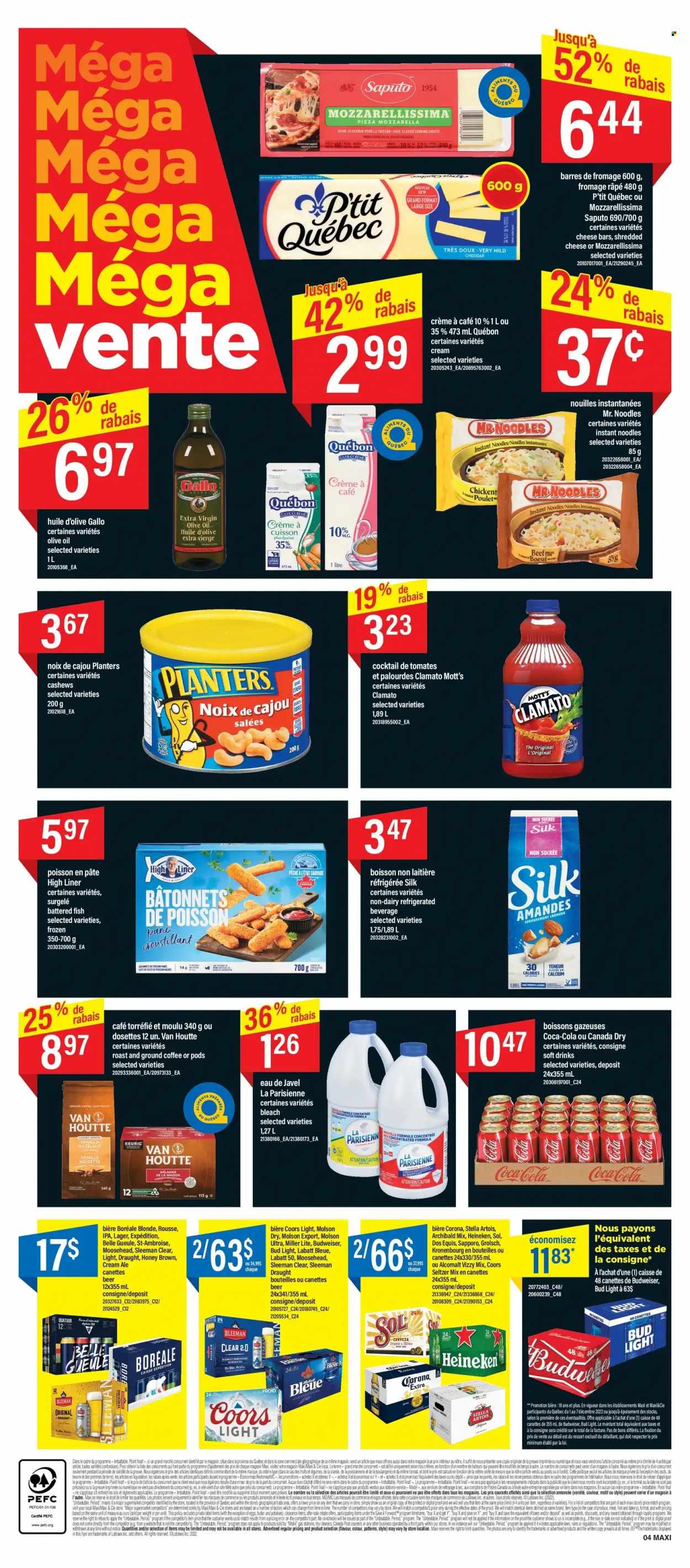 thumbnail - Maxi Flyer - December 01, 2022 - December 07, 2022 - Sales products - Mott's, pizza, instant noodles, noodles, mild cheddar, shredded cheese, cheddar, Silk, eggs, extra virgin olive oil, olive oil, oil, honey, cashews, Planters, Canada Dry, Coca-Cola, Clamato, soft drink, seltzer water, coffee, ground coffee, beer, Bud Light, Corona Extra, Heineken, Sol, Grolsch, Lager, IPA, bleach, Budweiser, calcium, Miller Lite, Stella Artois, Coors, Dos Equis. Page 4.