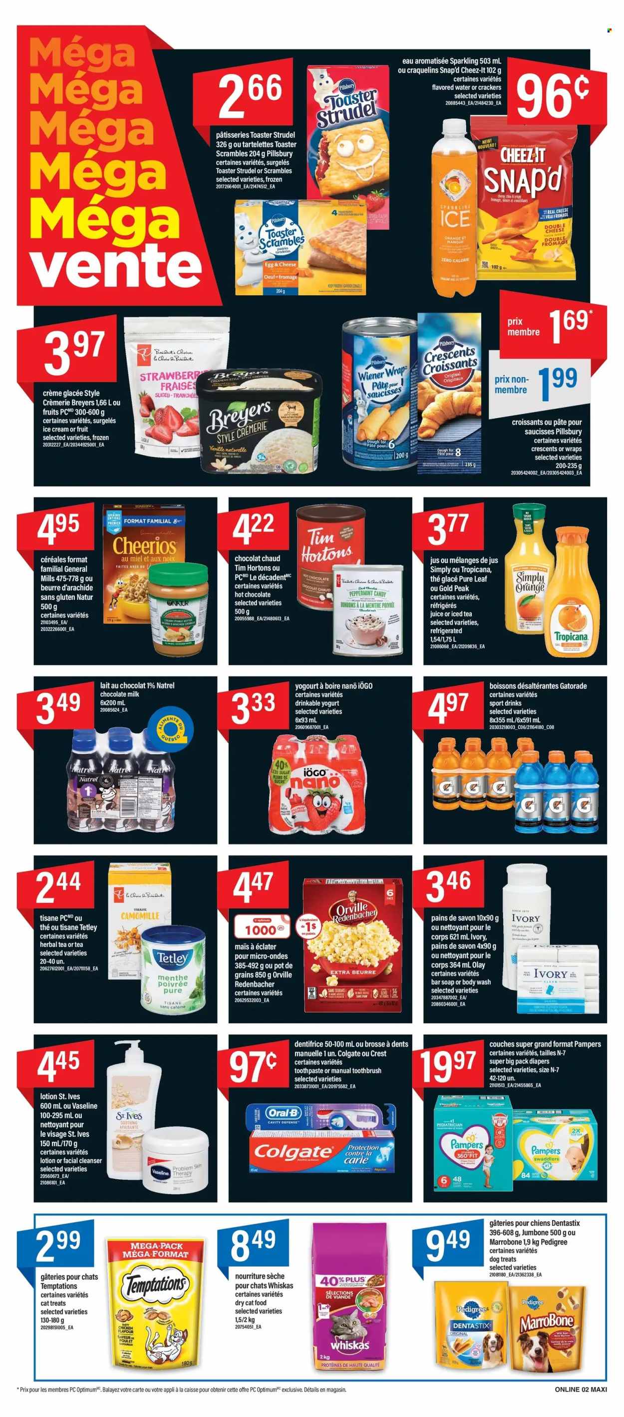 thumbnail - Maxi Flyer - December 01, 2022 - December 07, 2022 - Sales products - croissant, strudel, wraps, Pillsbury, Président, yoghurt, milk, eggs, ice cream, milk chocolate, crackers, dark chocolate, Cheez-It, Cheerios, peanut butter, juice, ice tea, Gatorade, flavored water, hot chocolate, herbal tea, Pure Leaf, nappies, body wash, Vaseline, soap bar, soap, toothbrush, toothpaste, Crest, cleanser, Olay, body lotion, Colgate, Pampers, Oral-B, Whiskas. Page 6.