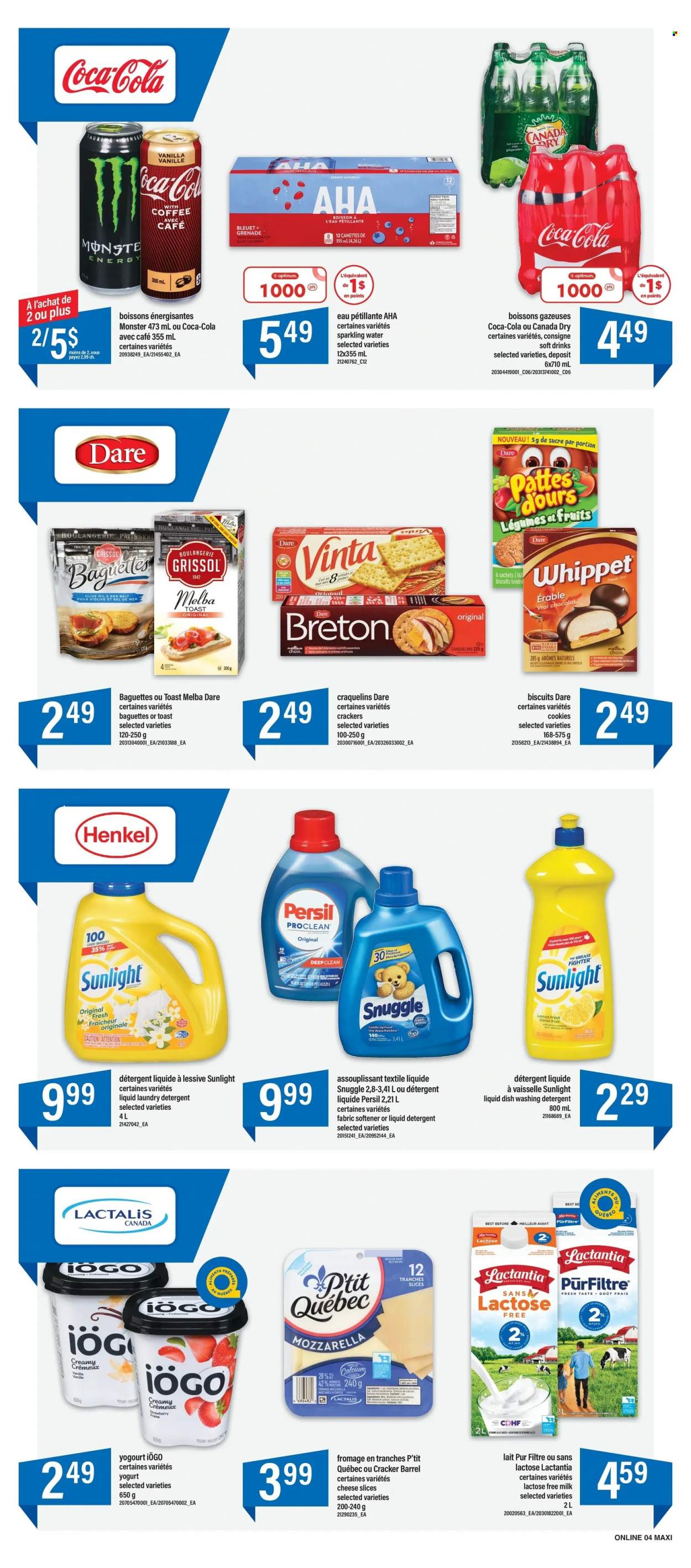 thumbnail - Maxi Flyer - December 01, 2022 - December 07, 2022 - Sales products - sliced cheese, cheese, yoghurt, milk, lactose free milk, cookies, crackers, biscuit, olive oil, oil, Canada Dry, Coca-Cola, Monster, soft drink, sparkling water, Snuggle, Persil, fabric softener, liquid detergent, laundry detergent, Sunlight, baguette, calcium, detergent, mozzarella. Page 9.