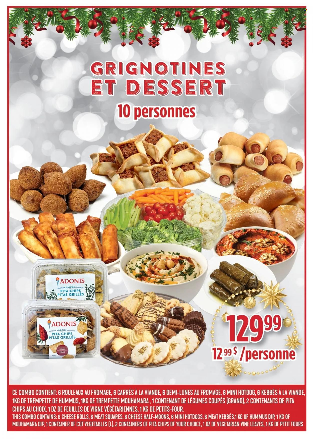 thumbnail - Adonis Flyer - November 29, 2022 - December 31, 2022 - Sales products - hot dog rolls, hot dog, hummus, cheese, dip, chips, cheese rolls, pita chips. Page 5.