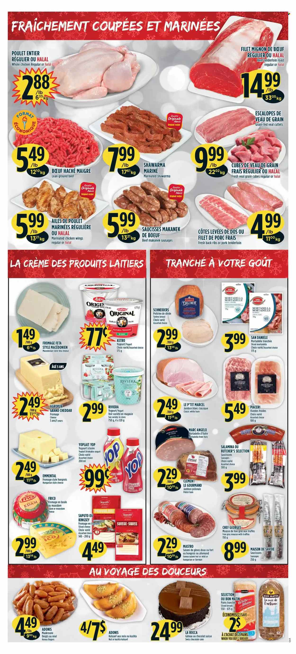 thumbnail - Adonis Flyer - December 01, 2022 - December 07, 2022 - Sales products - cake, chocolate cake, mortadella, salami, ham, prosciutto, sausage, foie gras, edam cheese, sliced cheese, cheddar, cheese, feta, Provolone, Maasdam, yoghurt, Yoplait, chicken wings, chocolate, truffles, Classico, honey, whole chicken, chicken, marinated chicken, beef meat, ground beef, veal cutlet, veal meat, beef tenderloin, pork meat, pork tenderloin, polish, gelatin. Page 3.