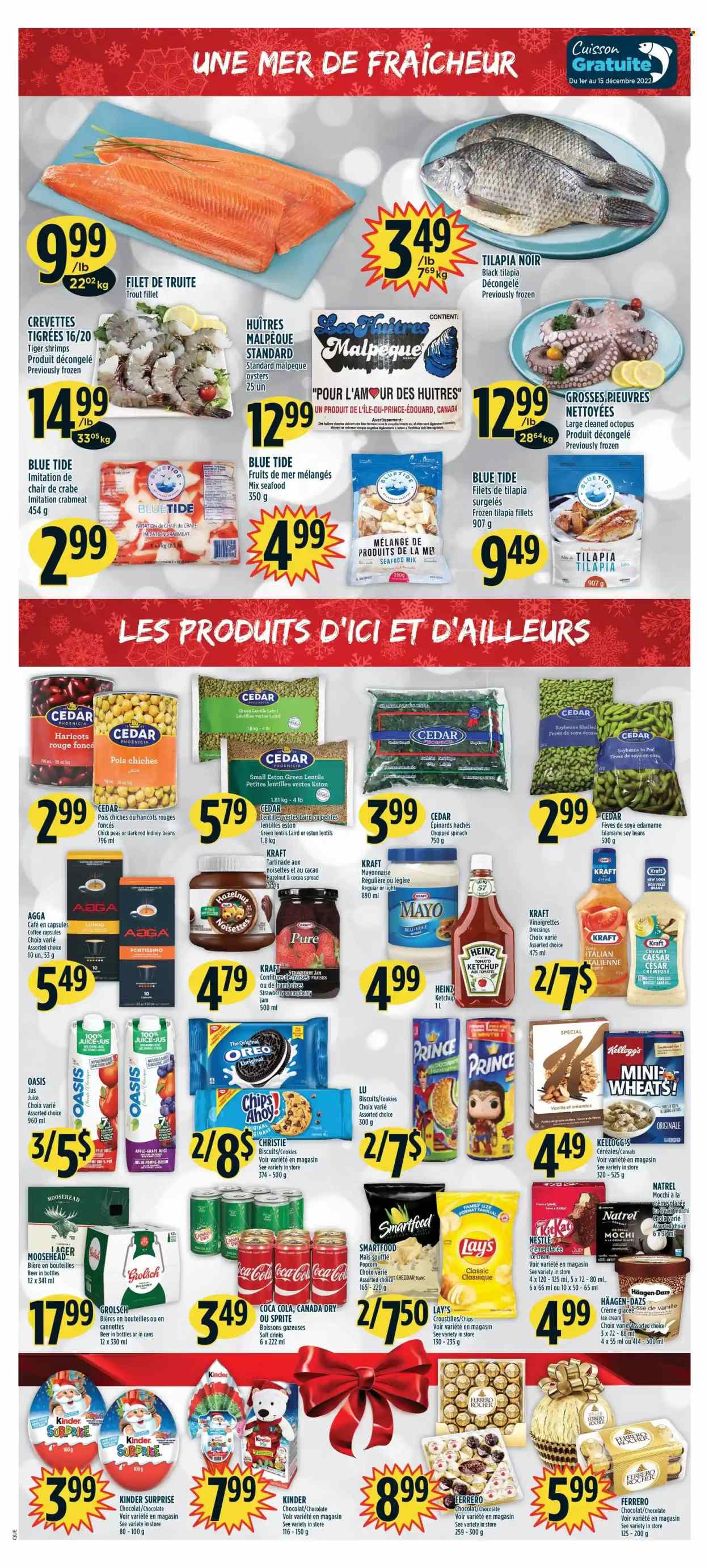 thumbnail - Adonis Flyer - December 01, 2022 - December 07, 2022 - Sales products - Edamame, spinach, peas, cod, crab meat, tilapia, trout, octopus, oysters, seafood, shrimps, Kraft®, cheese, mayonnaise, ice cream, Häagen-Dazs, cookies, Kinder Surprise, KitKat, Kellogg's, biscuit, Chips Ahoy!, Lay’s, Smartfood, popcorn, cocoa, lentils, strawberry jam, kidney beans, cereals, soybeans, raspberry jam, fruit jam, Canada Dry, Coca-Cola, Sprite, juice, soft drink, coffee capsules, beer, Grolsch, Lager, Tide, Nestlé, Heinz, ketchup, Oreo, Ferrero Rocher. Page 4.