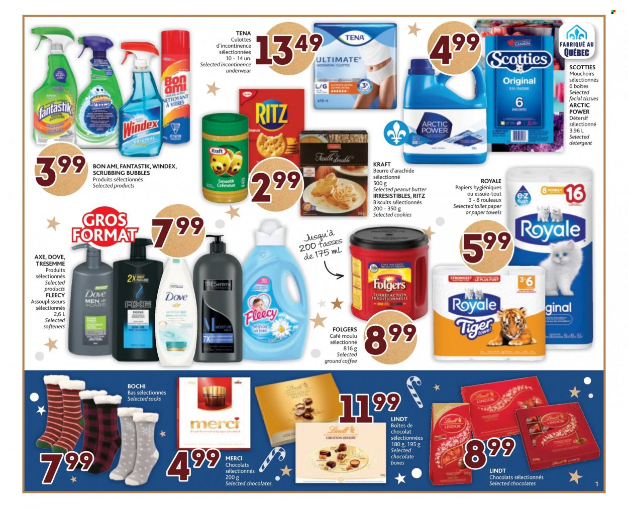 thumbnail - Brunet Flyer - December 01, 2022 - December 07, 2022 - Sales products - cookies, Dove, chocolate, biscuit, Merci, RITZ, coffee, Folgers, ground coffee, toilet paper, tissues, kitchen towels, paper towels, Windex, Scrubbing Bubbles, incontinence underwear, facial tissues, TRESemmé, Axe, detergent, Lindt, Lindor. Page 2.
