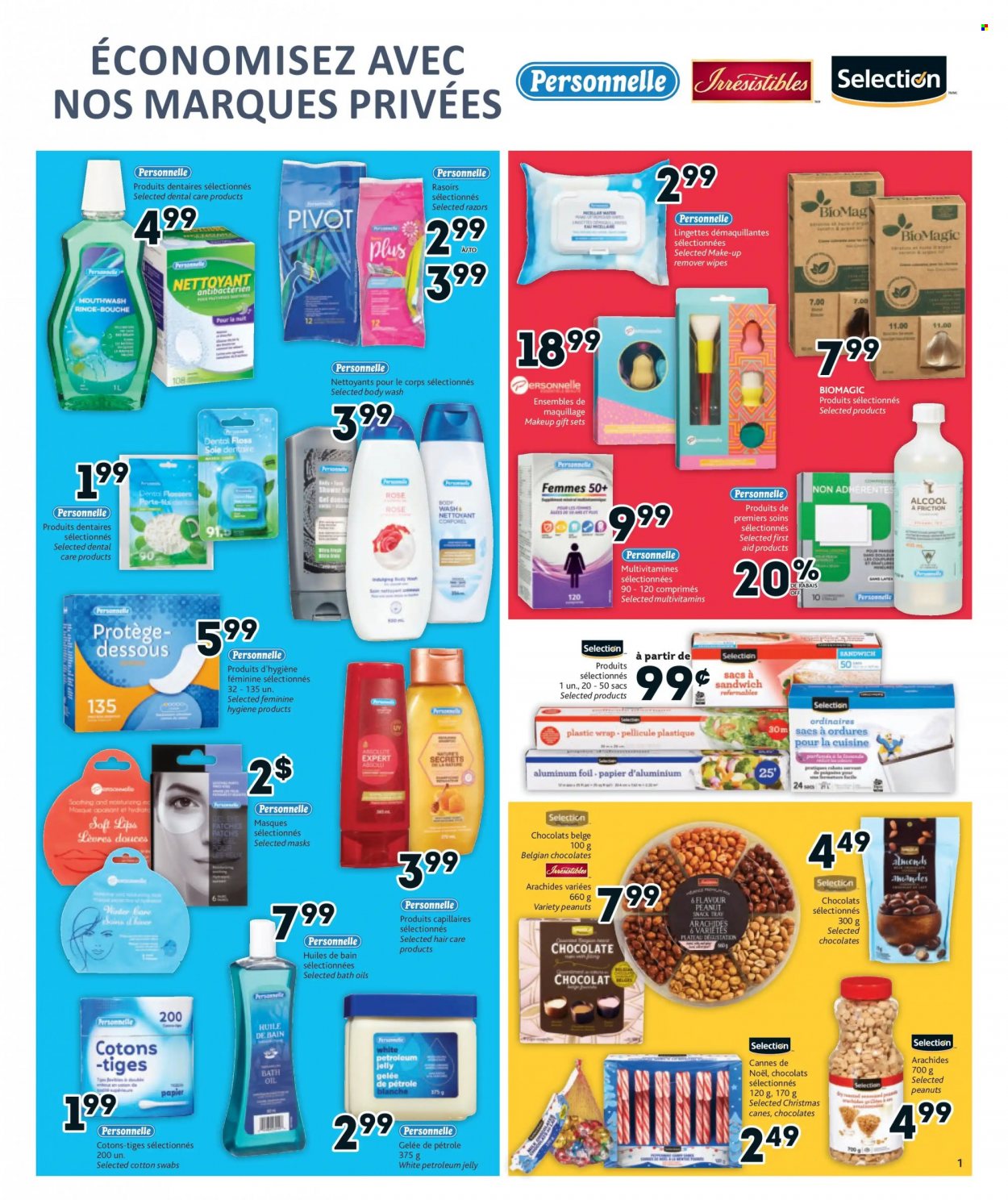 thumbnail - Brunet Flyer - December 01, 2022 - December 07, 2022 - Sales products - chocolate, peanut snack, almonds, peanuts, wipes, petroleum jelly, bath oil, body wash, mouthwash, Absolute, makeup, multivitamin. Page 17.