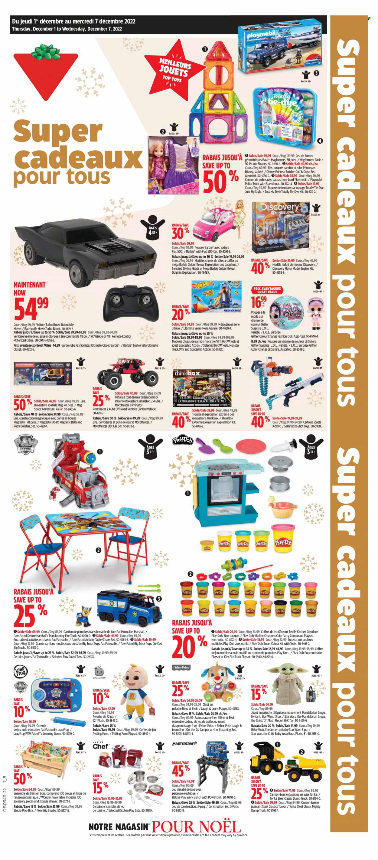 thumbnail - Canadian Tire Flyer - December 01, 2022 - December 07, 2022 - Sales products - chair, Disney, Hot Wheels, Barbie, glitter, TV, Marshall, remote control, table, work bench, bench, closet system, building set, doll, LeapFrog, play set, Paw Patrol, toys, vehicle, Fisher-Price, train, princess, L.O.L. Surprise, Magformers, costume, drill, robot, Play-doh, Playmobil. Page 2.
