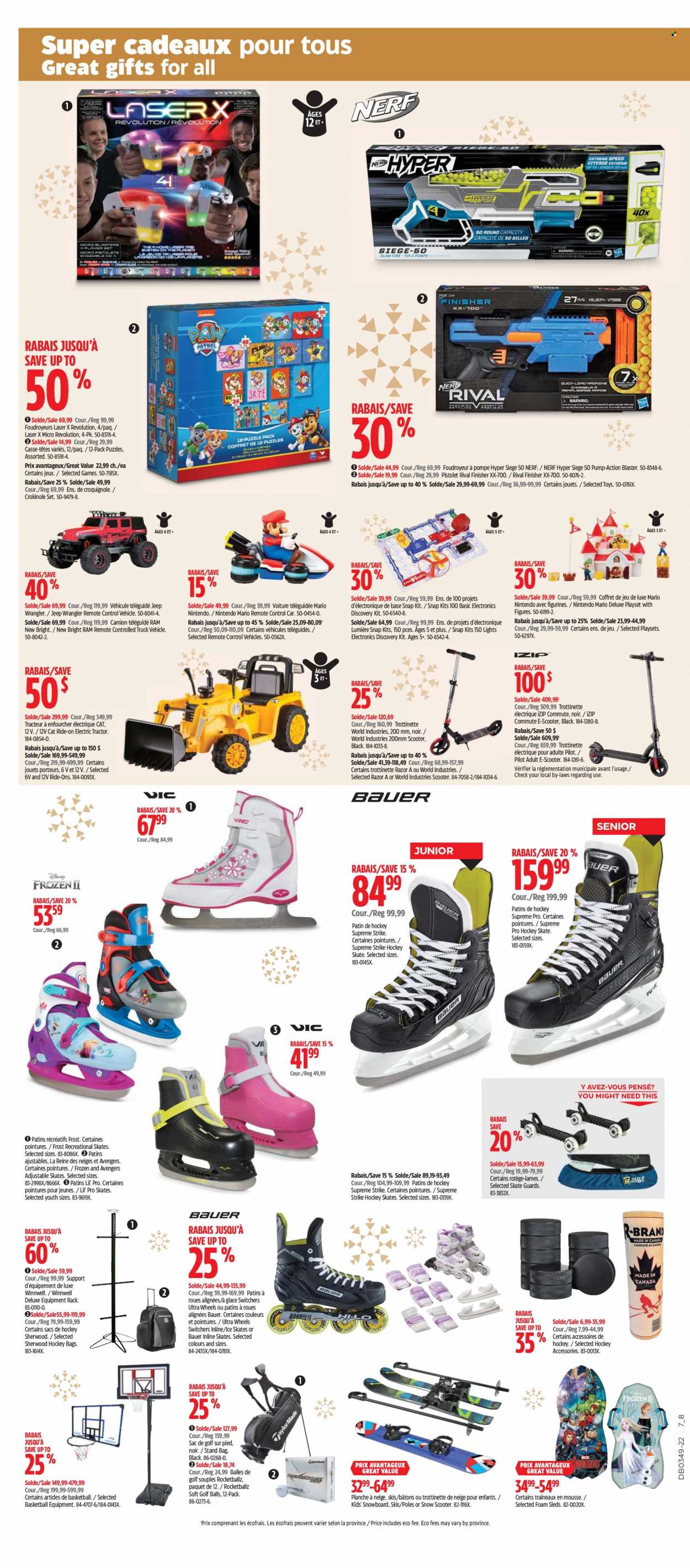 thumbnail - Canadian Tire Flyer - December 01, 2022 - December 07, 2022 - Sales products - Avengers, Pilot, remote control, basketball, inline skates, razor, snowboard, hockey skates, skates, golf balls, control cars, play set, toys, vehicle, tractor, Nerf, puzzle. Page 3.