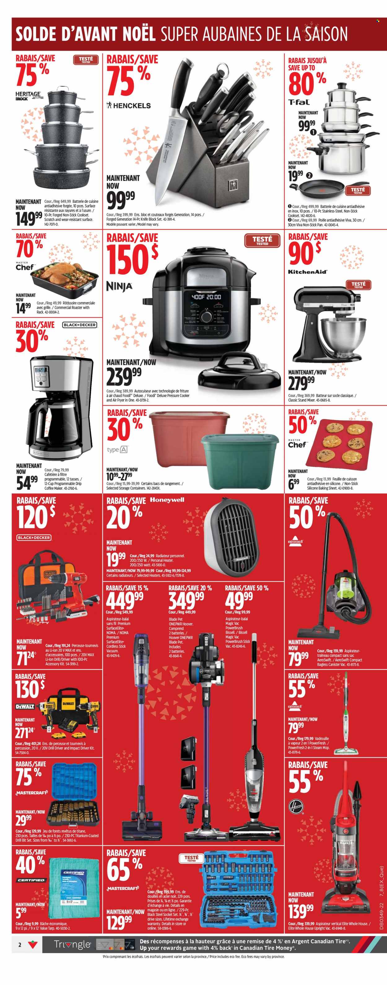 thumbnail - Canadian Tire Flyer - December 01, 2022 - December 07, 2022 - Sales products - knife, mop, canister, pressure cooker, pan, knife block, percussion instrument, coffee machine, Bissell, mixer, stand mixer, air fryer, roaster, steam cleaner, socket, heater, impact driver, drill bit set, socket set. Page 6.