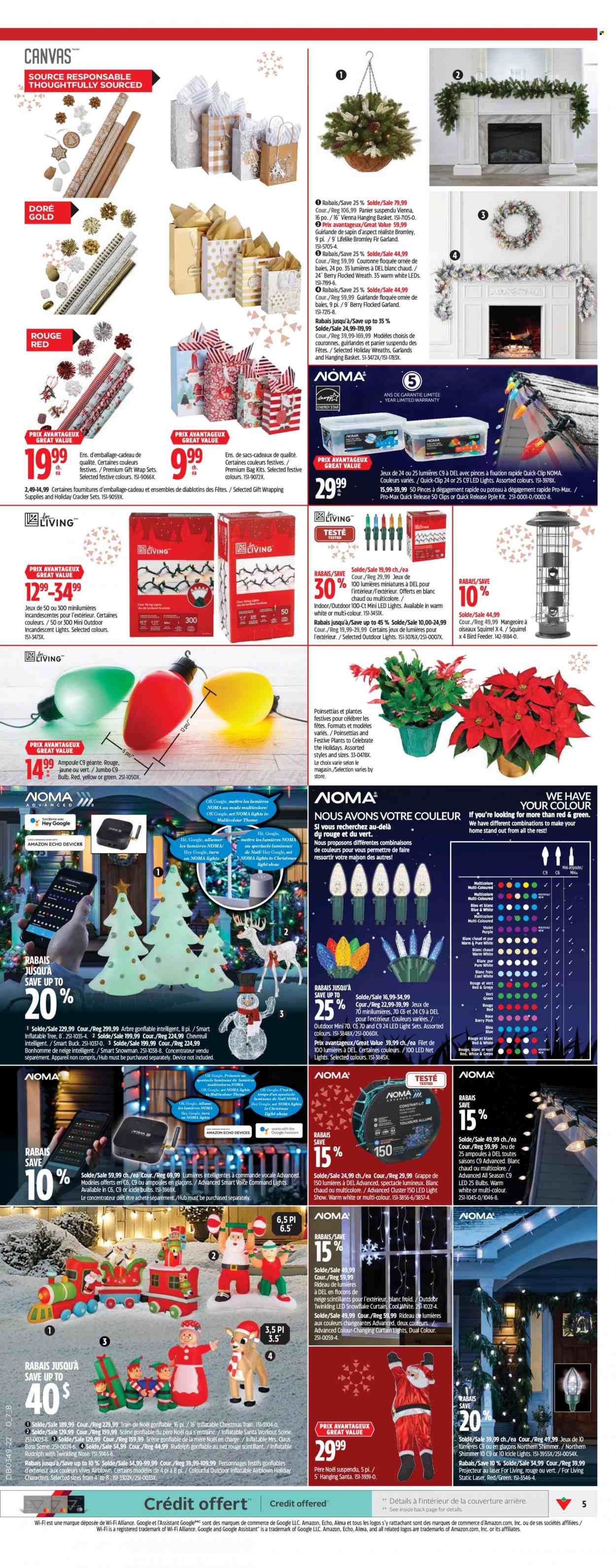 thumbnail - Canadian Tire Flyer - December 01, 2022 - December 07, 2022 - Sales products - bag, basket, gift wrap, bulb, curtain, bird feeder, wreath, icicle light, garland, train, LED light, light set, christmas lights, poinsettia, rose. Page 9.