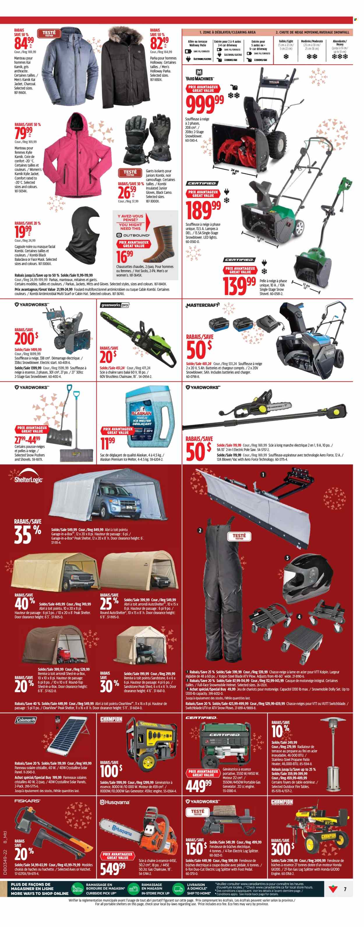 thumbnail - Canadian Tire Flyer - December 01, 2022 - December 07, 2022 - Sales products - face mask, table, jacket, helmet, LED light, heater, solar panel, chain saw, saw, snow blower, log splitter, shovel, blower, snow shovel, gas generator, generator, shed, ice melter, parka. Page 11.